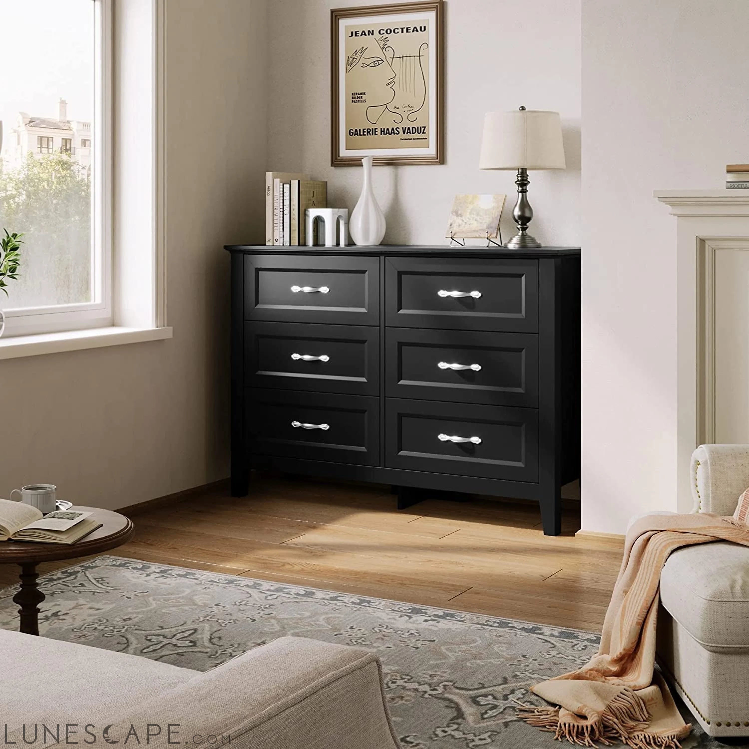 Black 6-Drawer Dresser with Metal Handles LUNESCAPE