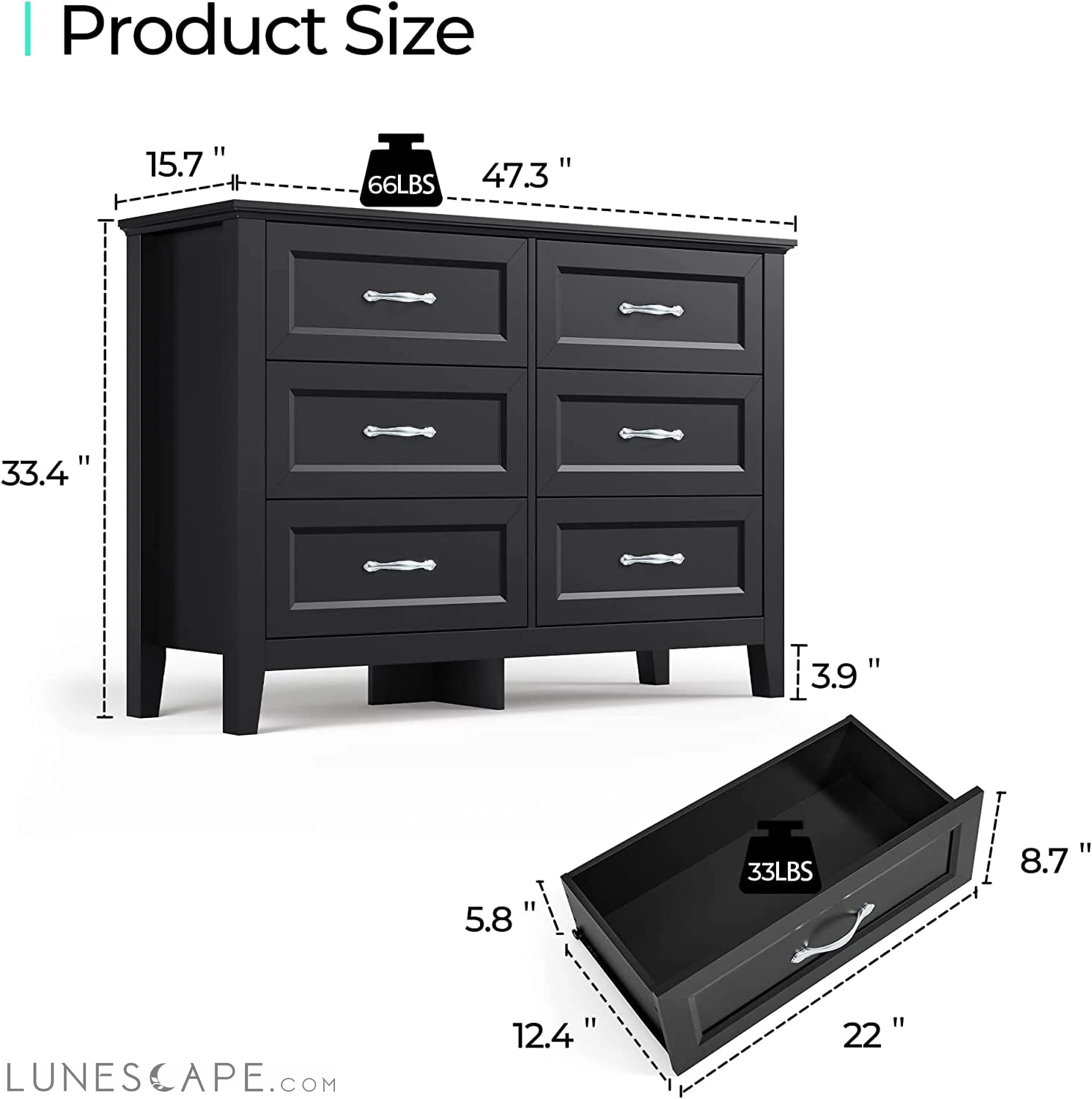 Black 6-Drawer Dresser with Metal Handles LUNESCAPE
