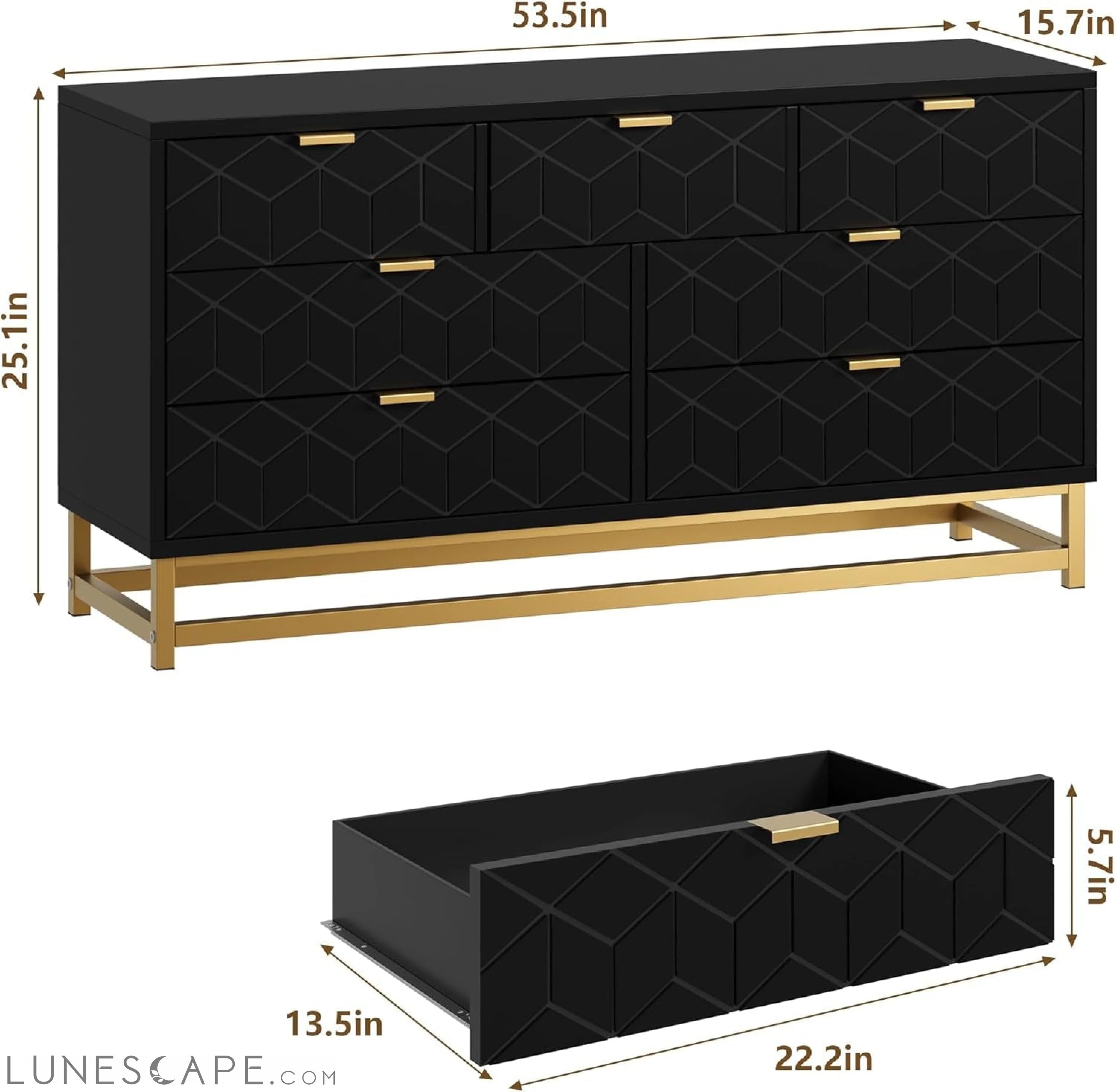 Black 7 Drawer Dresser for Bedroom, 53.5” Large Dresser with Metal LUNESCAPE