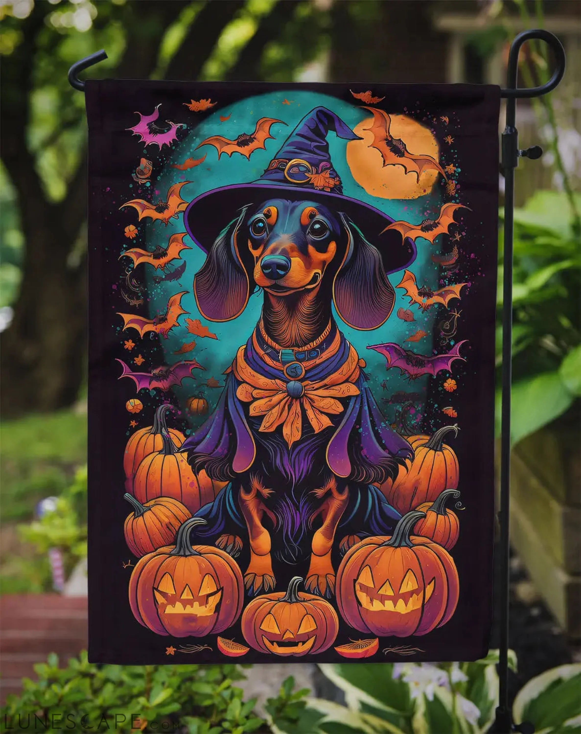 Black and Tan Dachshund Witchy Halloween Garden Flag LUNESCAPE