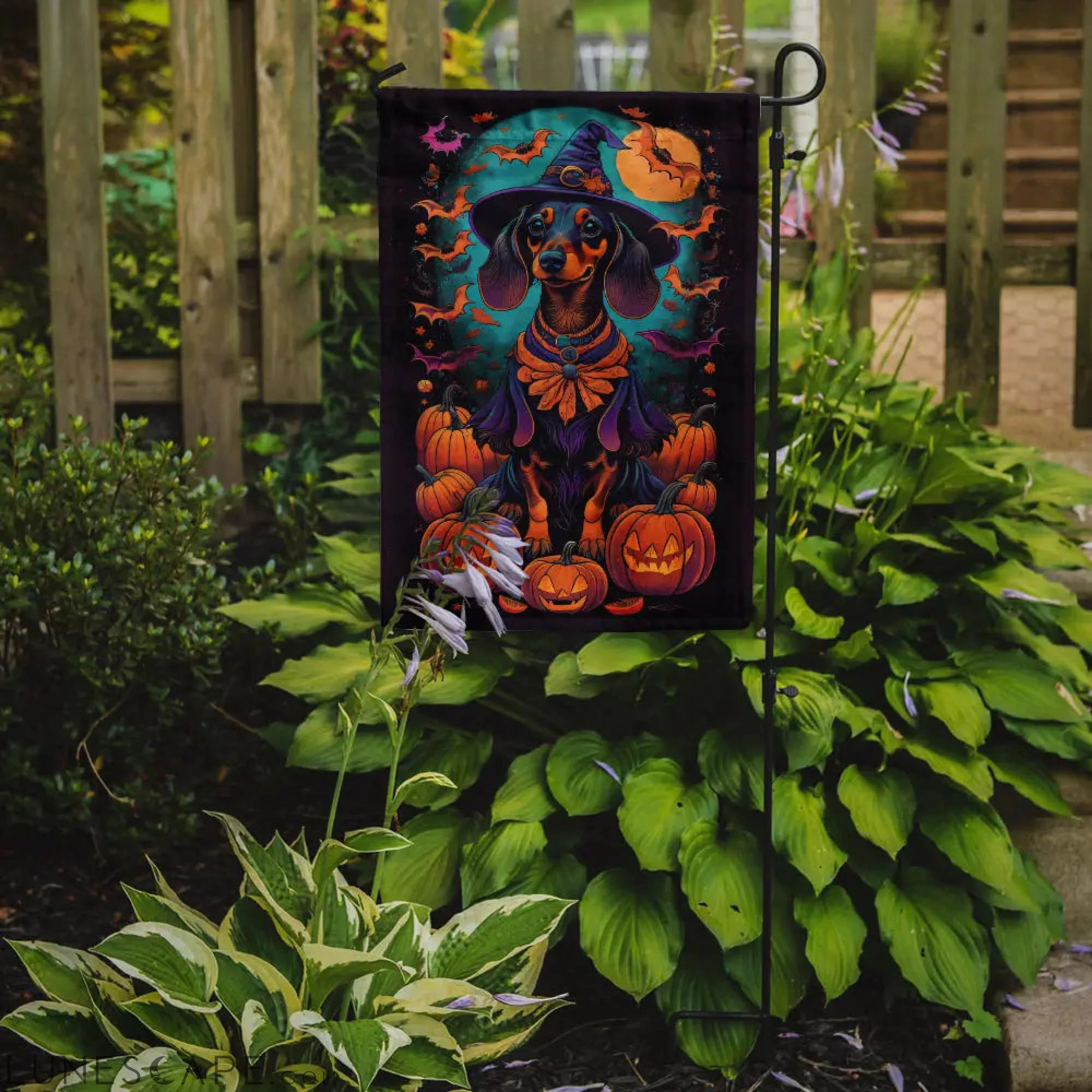 Black and Tan Dachshund Witchy Halloween Garden Flag LUNESCAPE