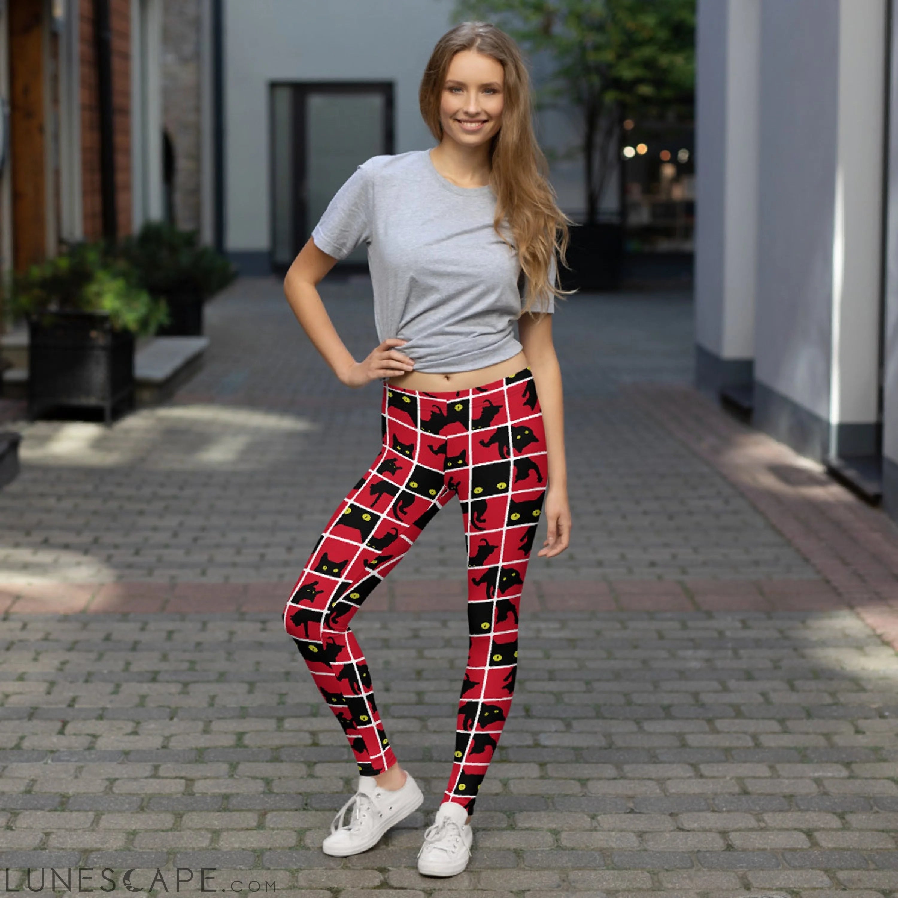 Black Cat Silhouette on Red Leggings Leggings