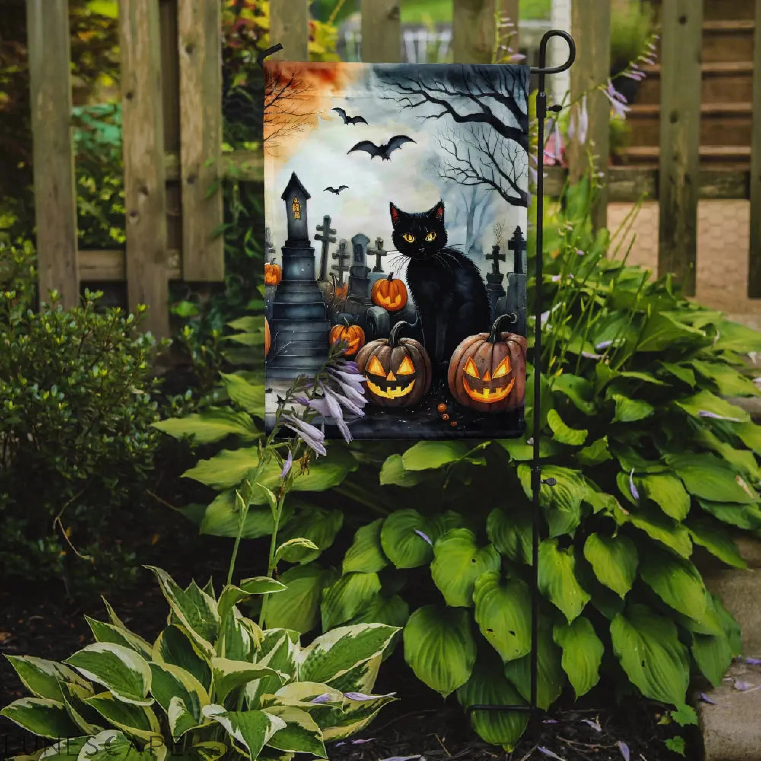 Black Cat Spooky Halloween Garden Flag LUNESCAPE