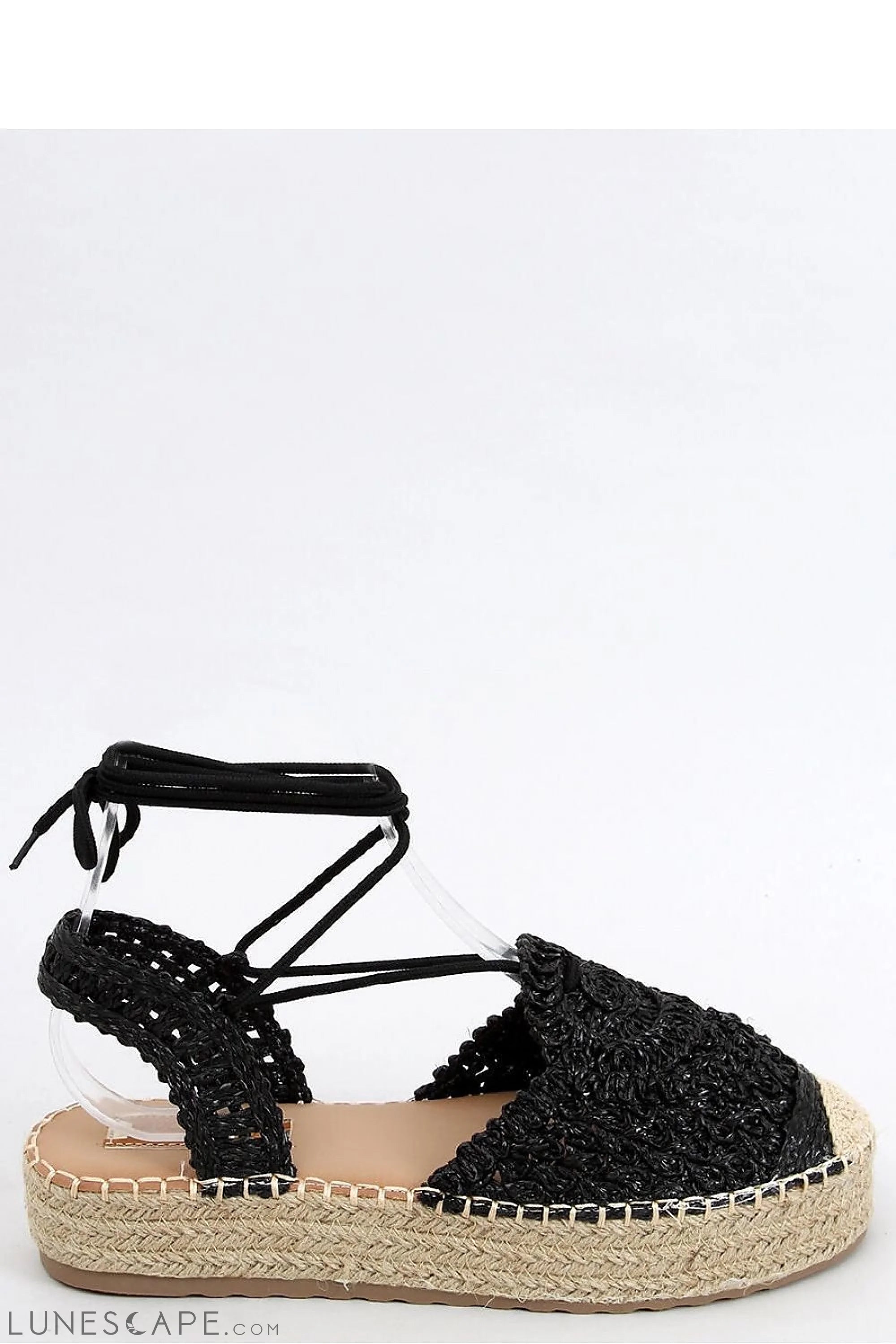 Black Crochet Lace-Up Platform Espadrilles with Woven Jute Sole LUNESCAPE