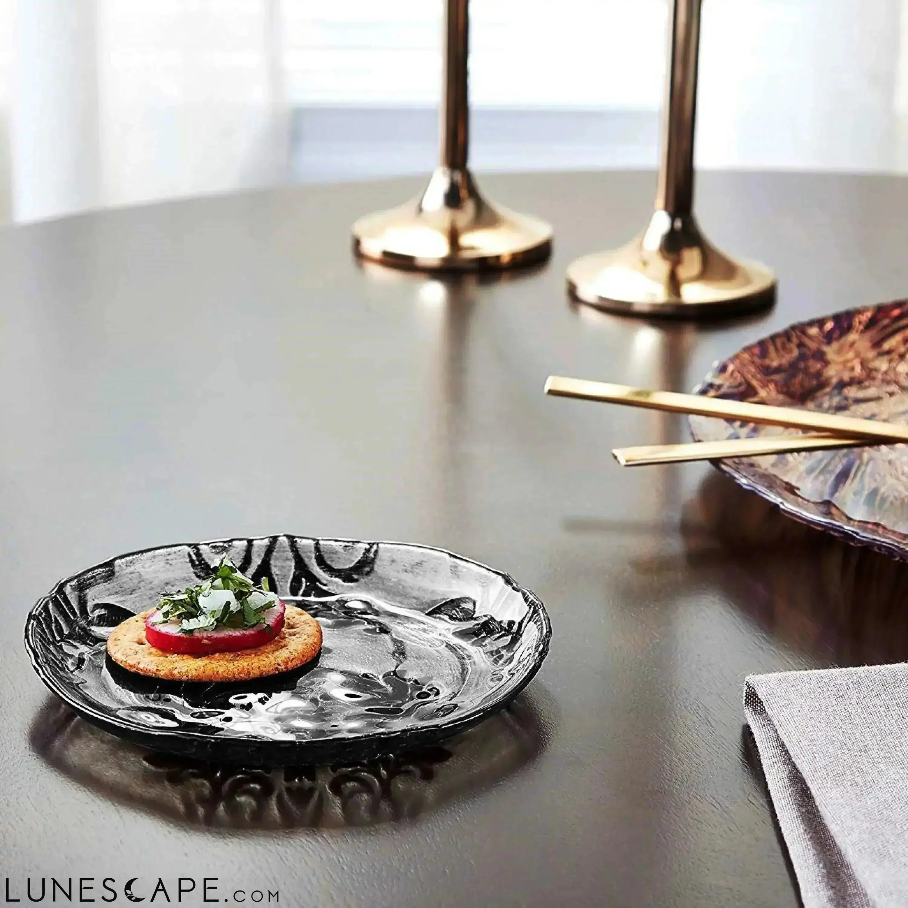 Black Damask Velvet Gilded Glass Canapé Plate LUNESCAPE