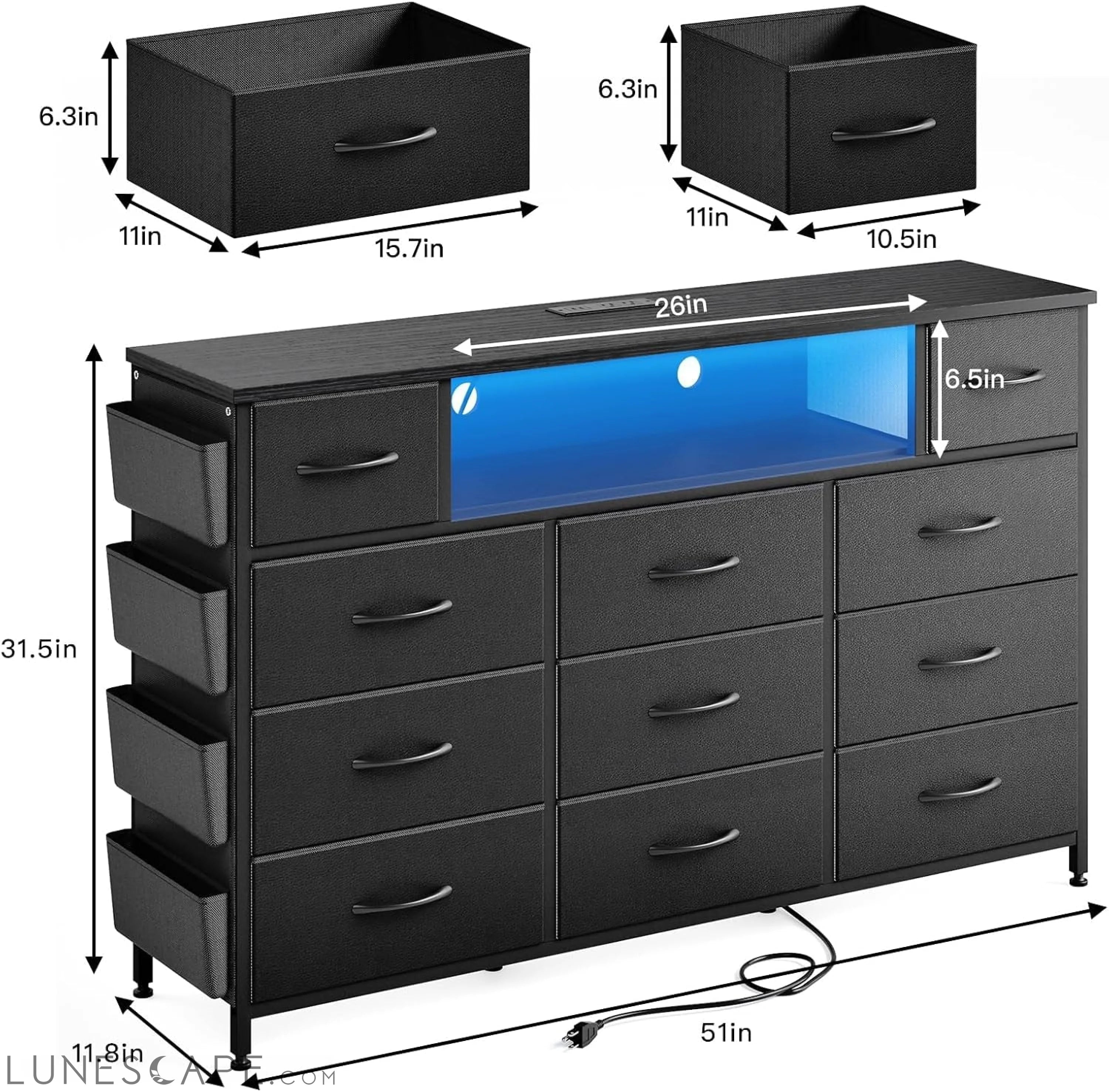 Black Dresser for Bedroom with 11 Drawers and Power Outlets LED Lights LUNESCAPE