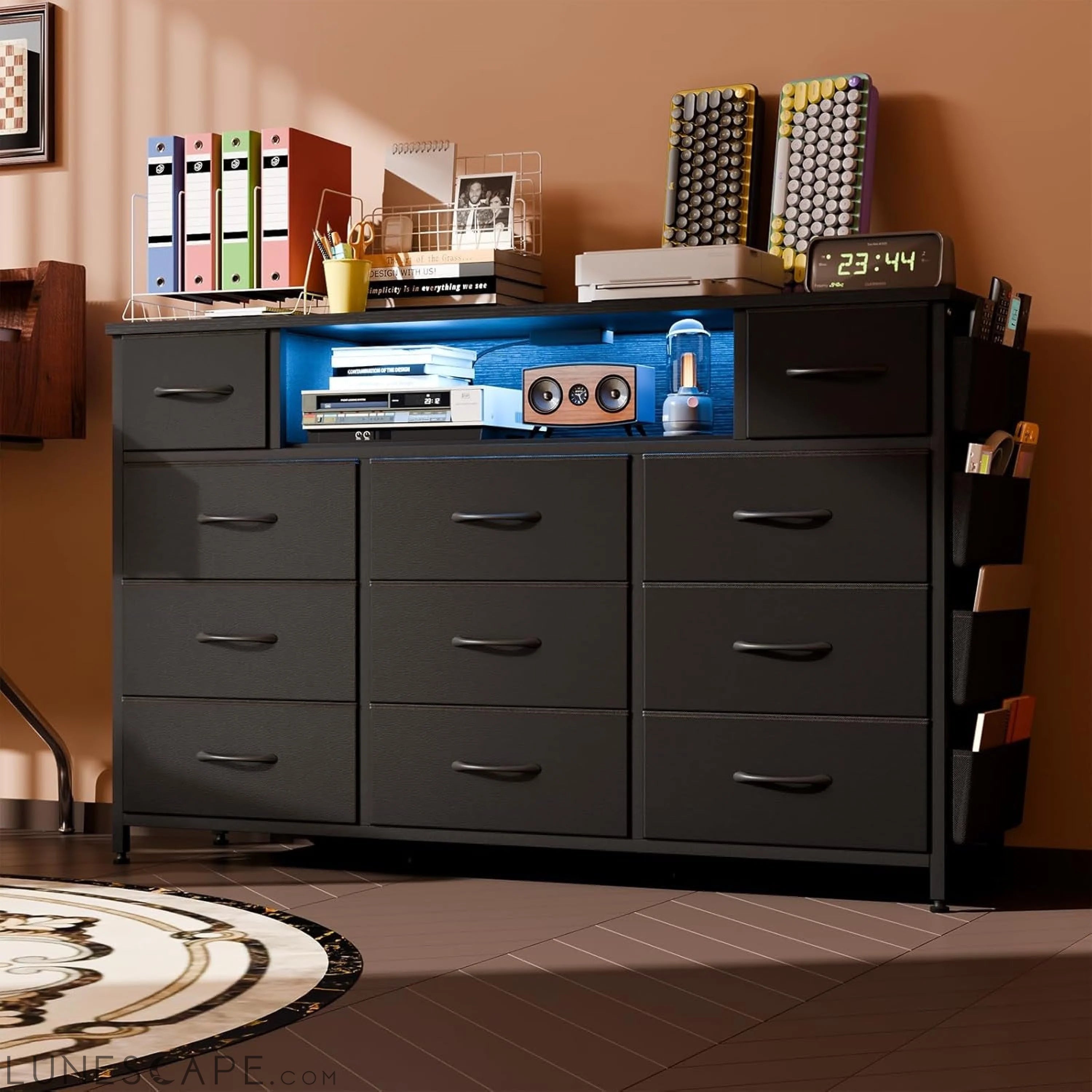 Black Dresser for Bedroom with 11 Drawers and Power Outlets LED Lights LUNESCAPE