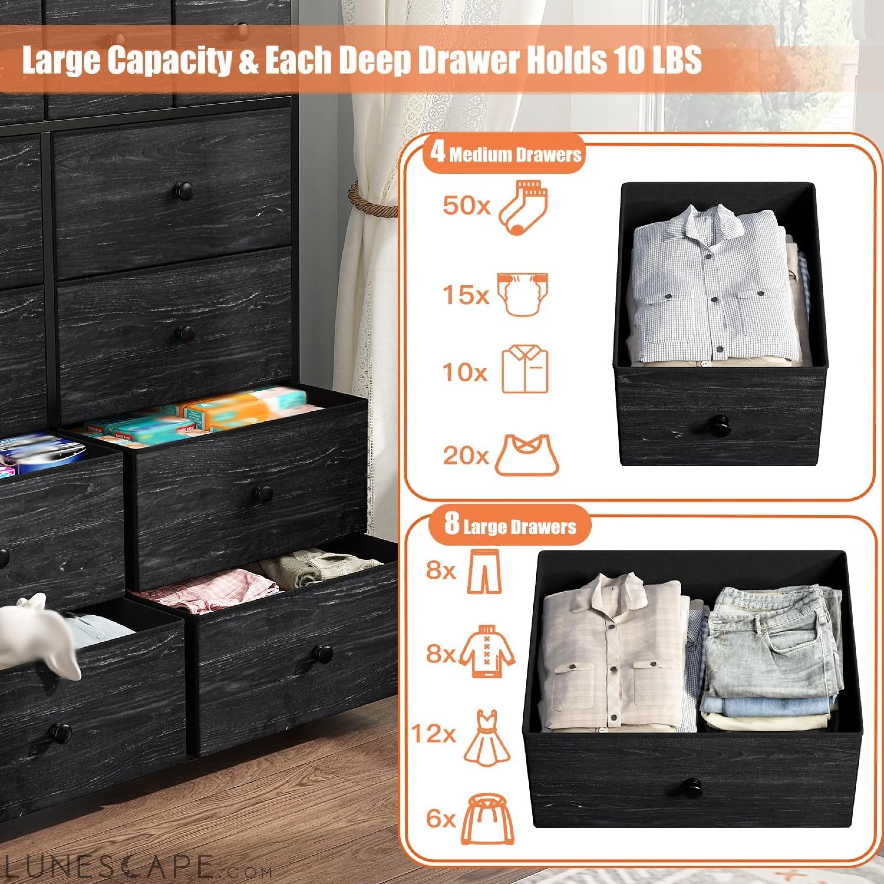 Black Dresser for Bedroom with 12 Drawers, Bedroom Dresser with Wooden LUNESCAPE