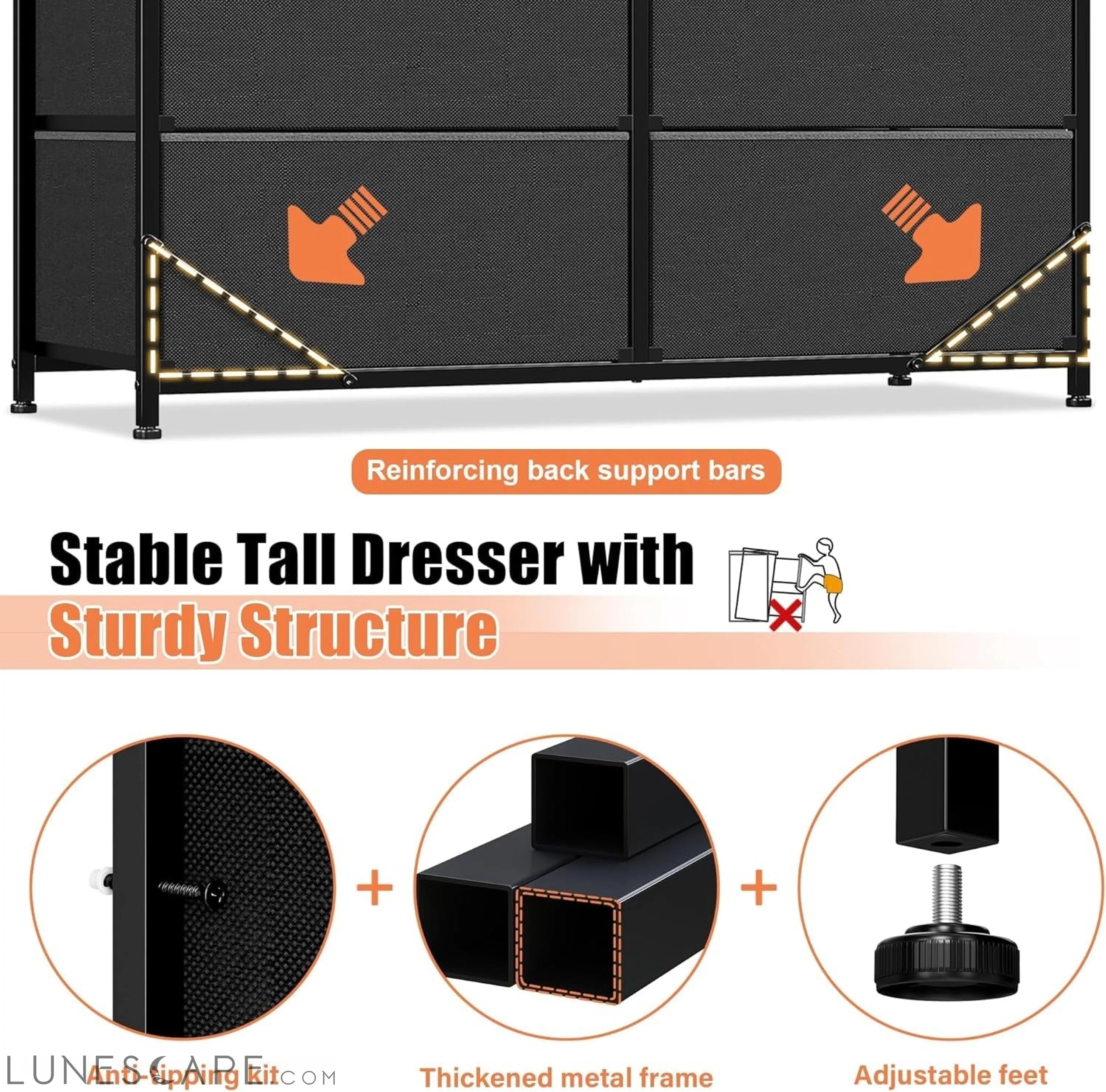 Black Dresser for Bedroom with 12 Drawers, Bedroom Dresser with Wooden LUNESCAPE