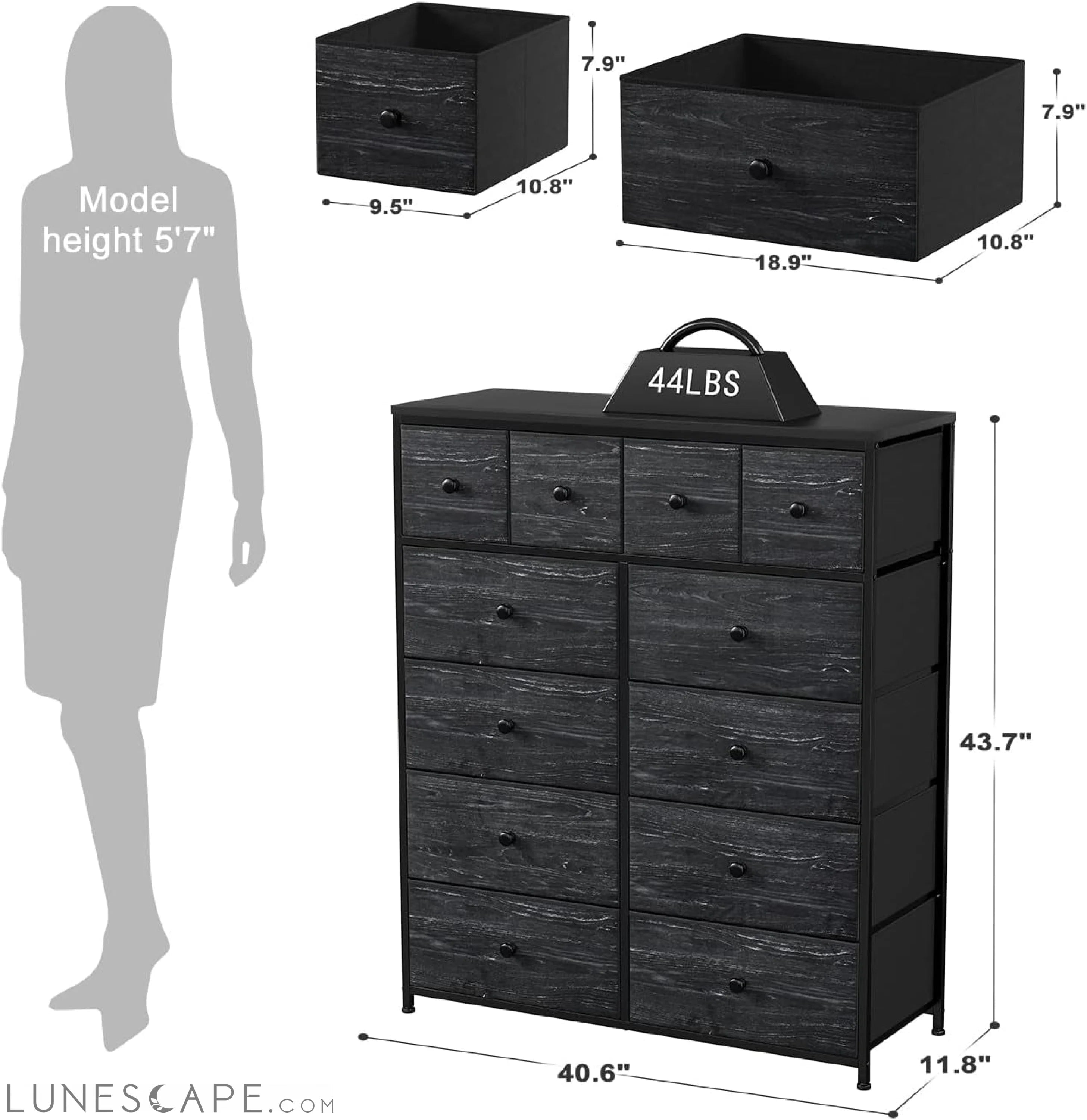 Black Dresser for Bedroom with 12 Drawers, Bedroom Dresser with Wooden LUNESCAPE