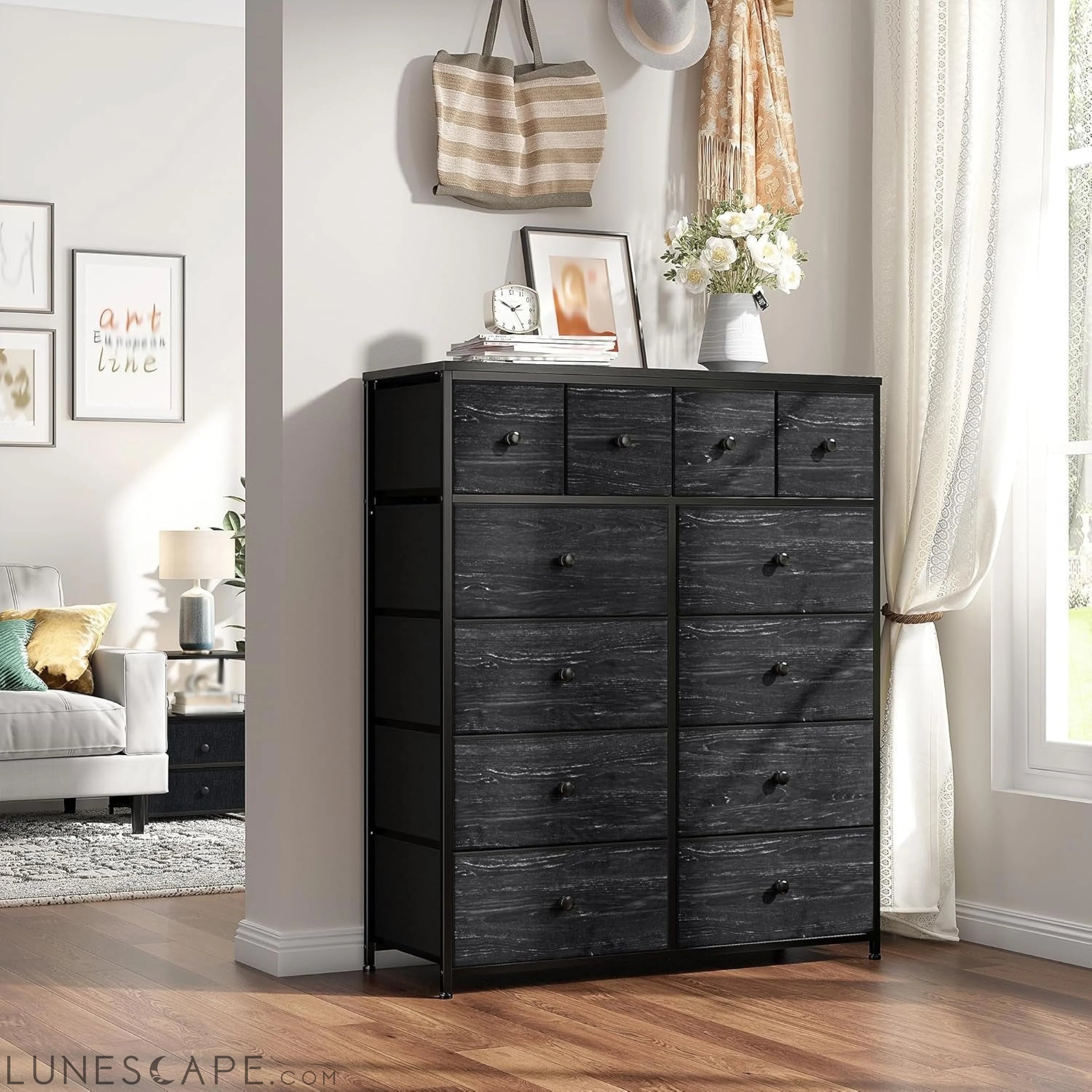 Black Dresser for Bedroom with 12 Drawers, Bedroom Dresser with Wooden LUNESCAPE