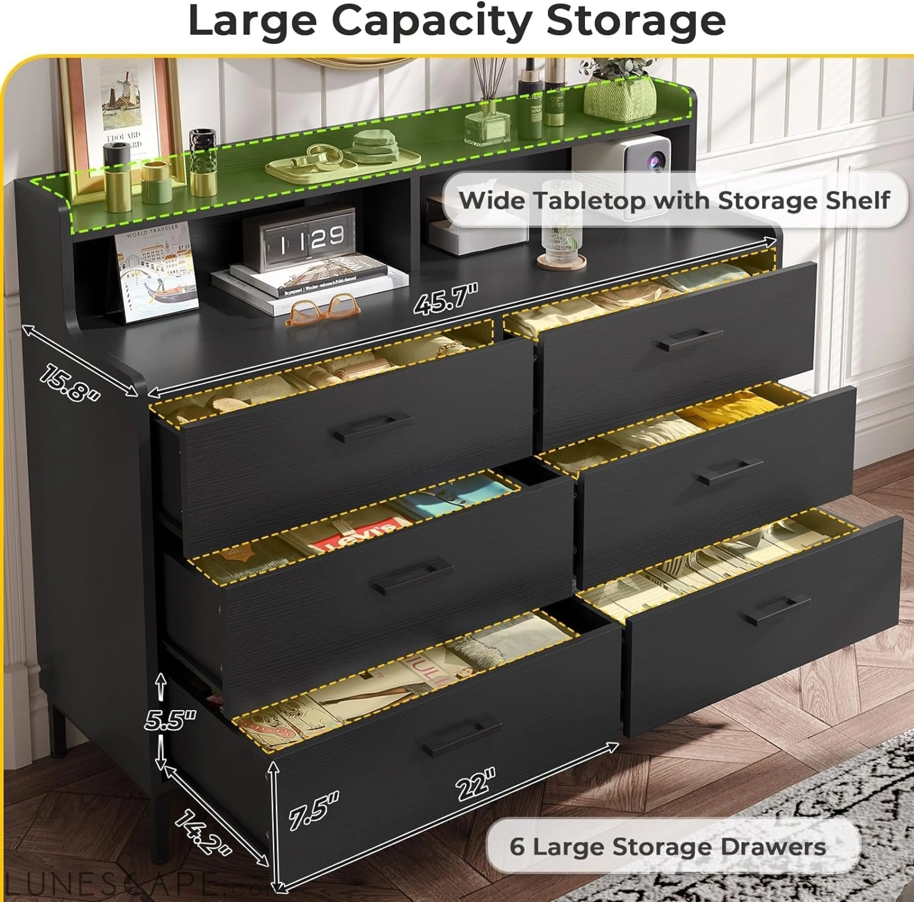 Black Dresser for Bedroom with 6 Drawers and Storage Shelves, Wide LUNESCAPE