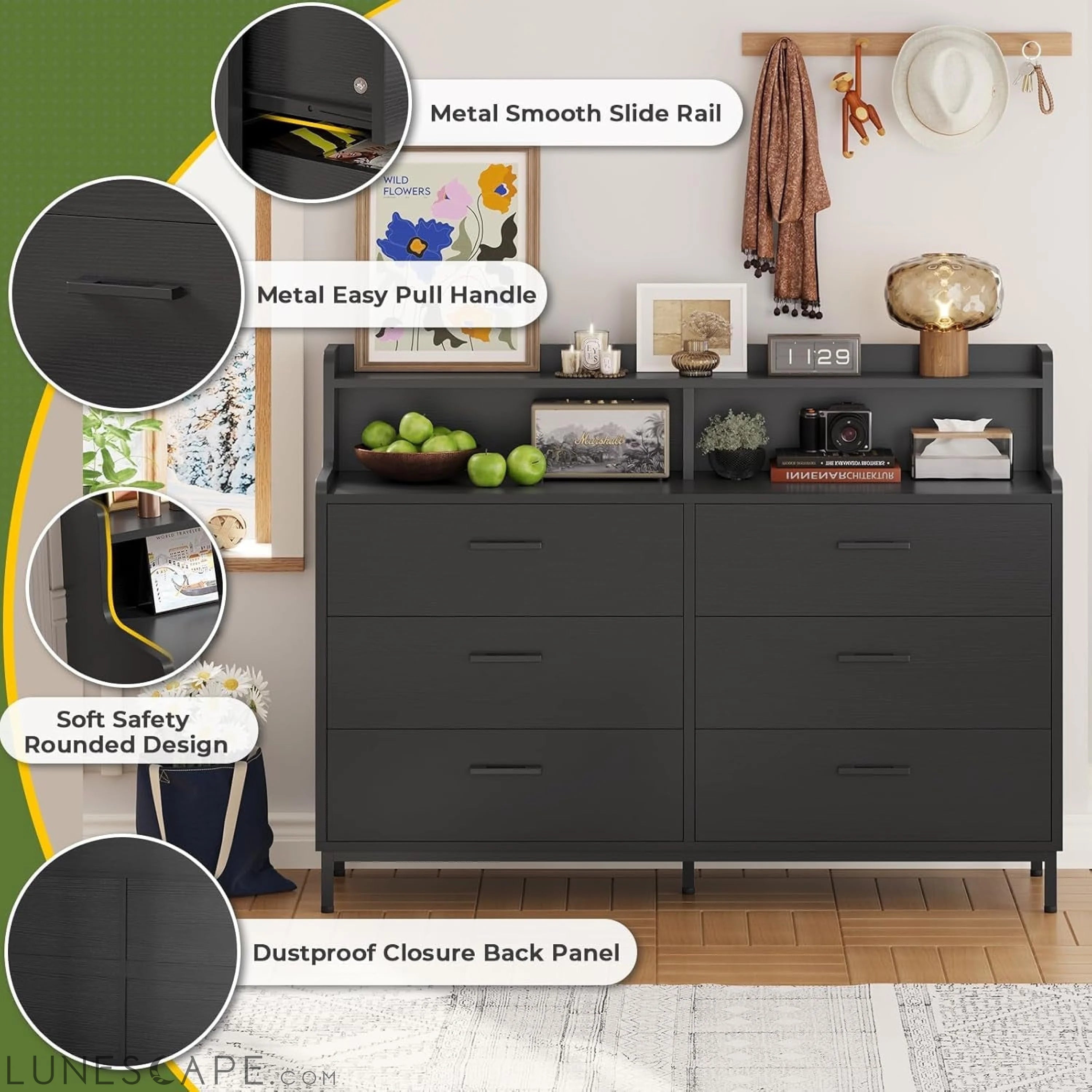 Black Dresser for Bedroom with 6 Drawers and Storage Shelves, Wide LUNESCAPE