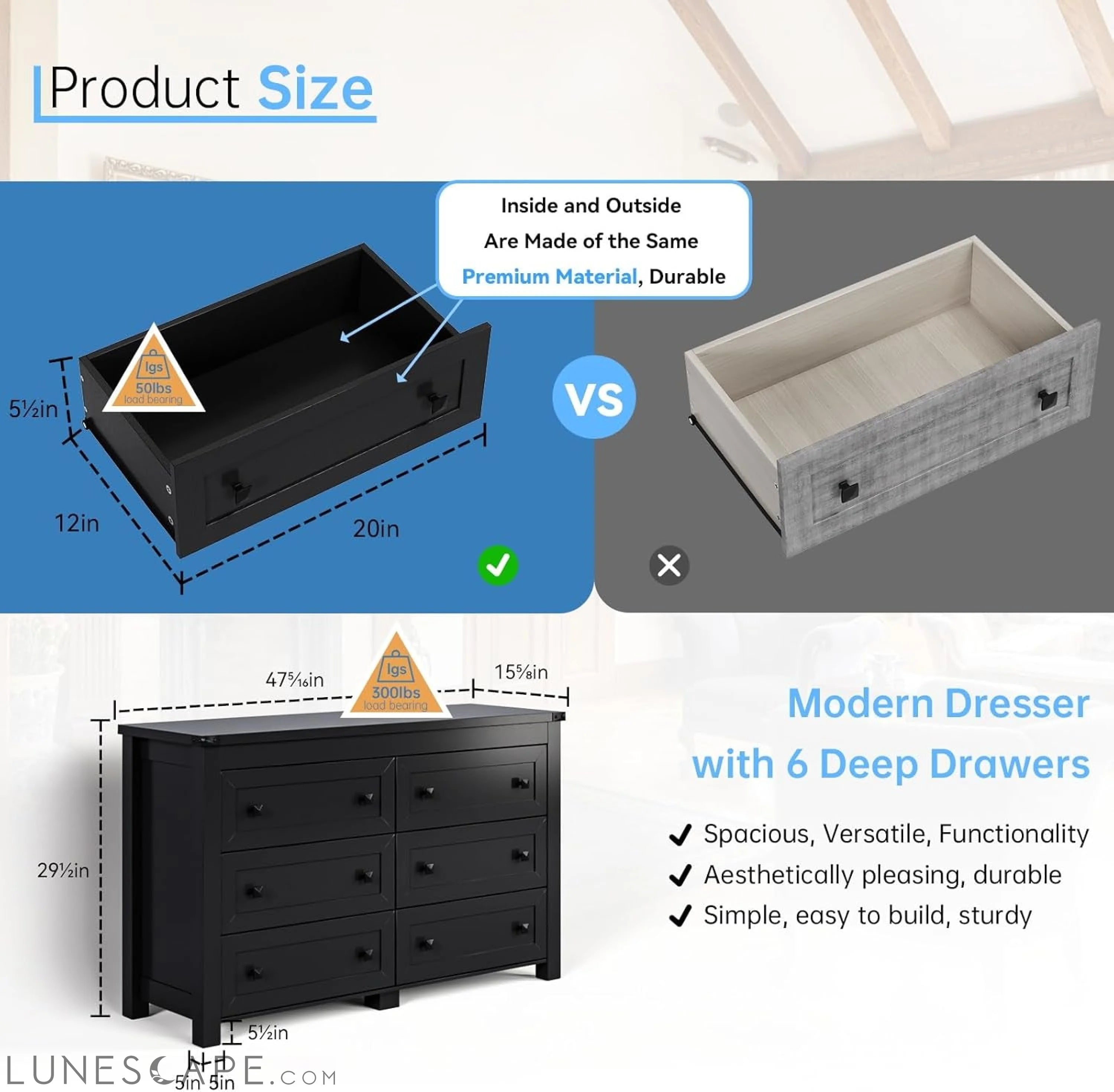 Black Dresser for Bedroom with 6 Drawers, Modern Chest of Drawers, LUNESCAPE