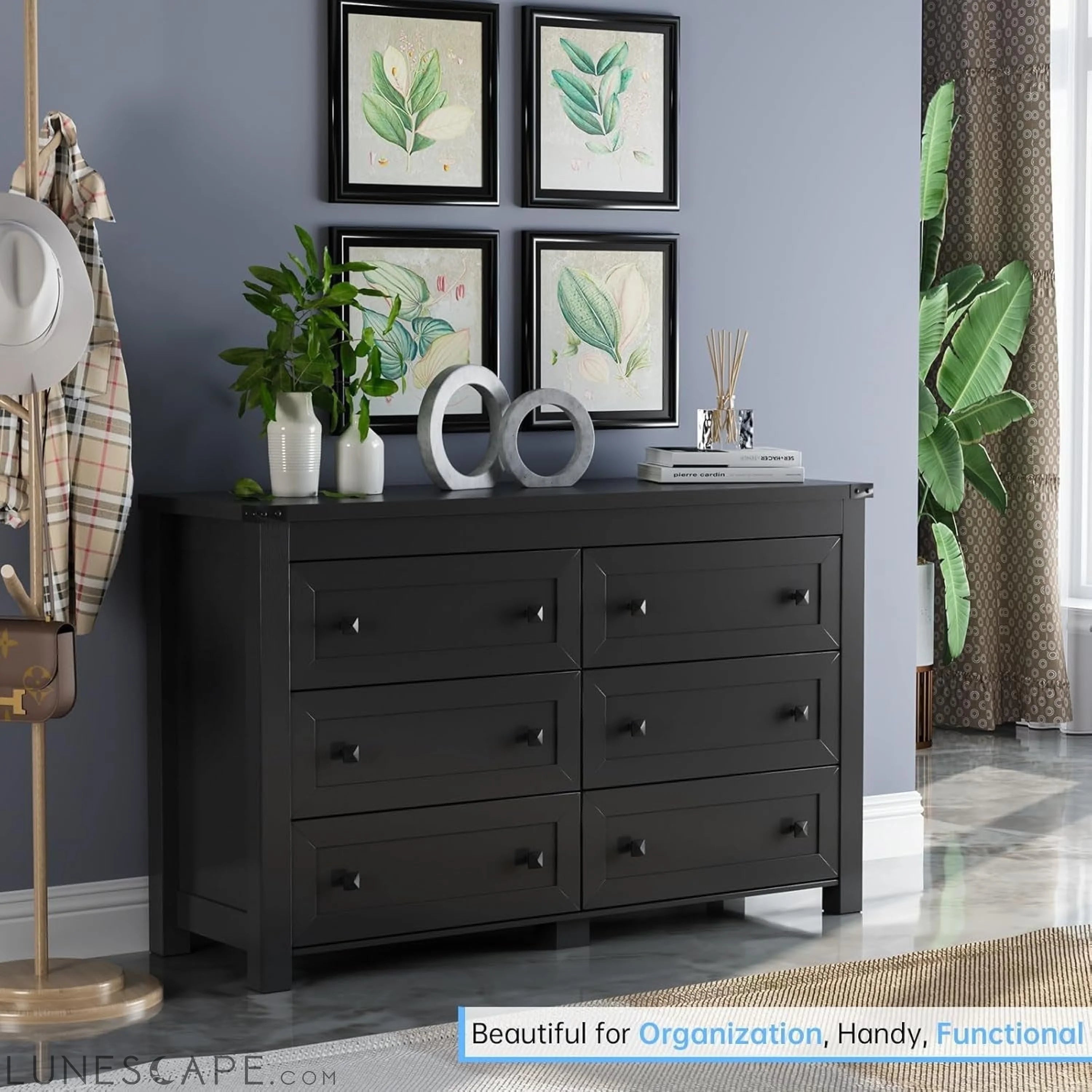 Black Dresser for Bedroom with 6 Drawers, Modern Chest of Drawers, LUNESCAPE