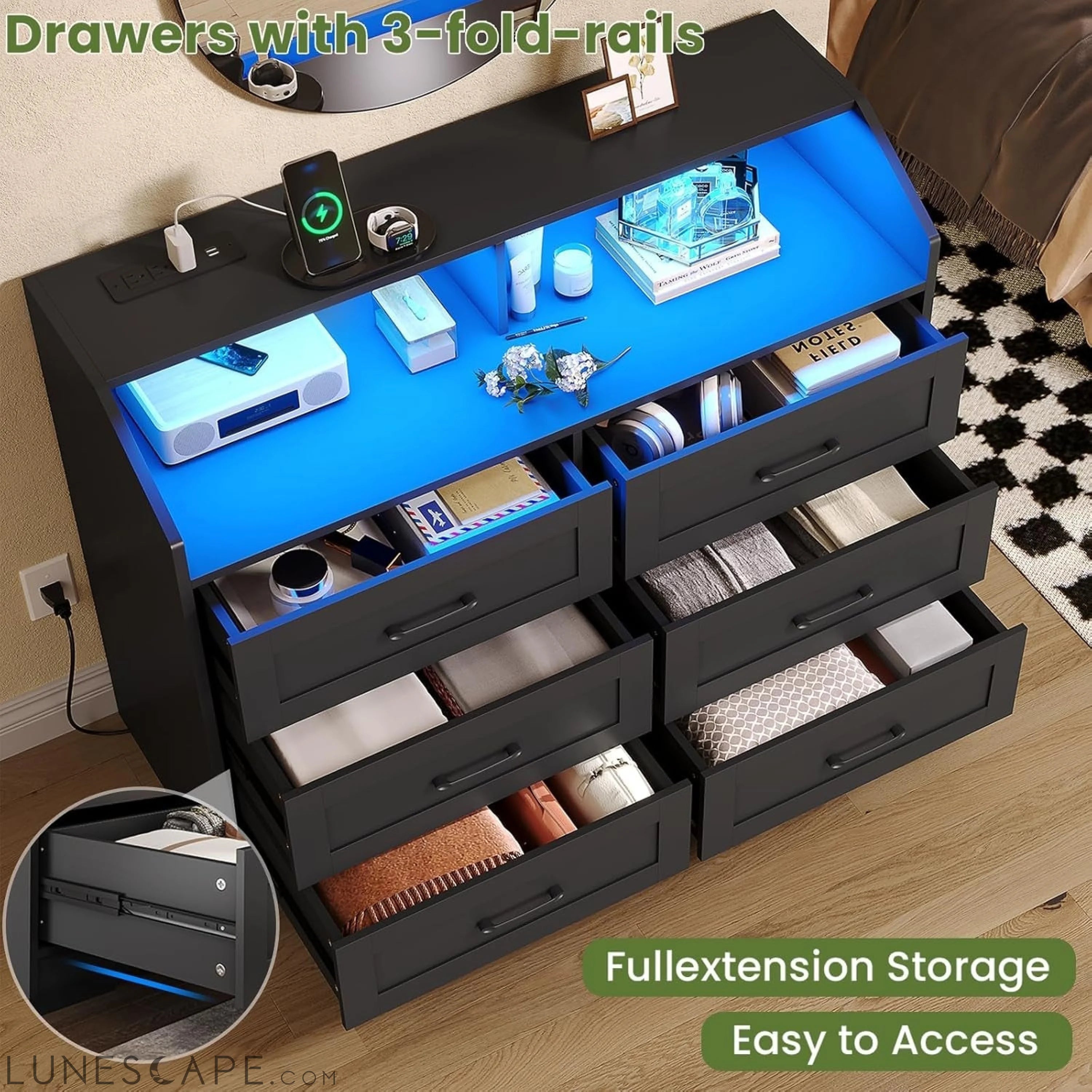 Black Dresser for Bedroom with LED Lights and Charging Station, Modern LUNESCAPE