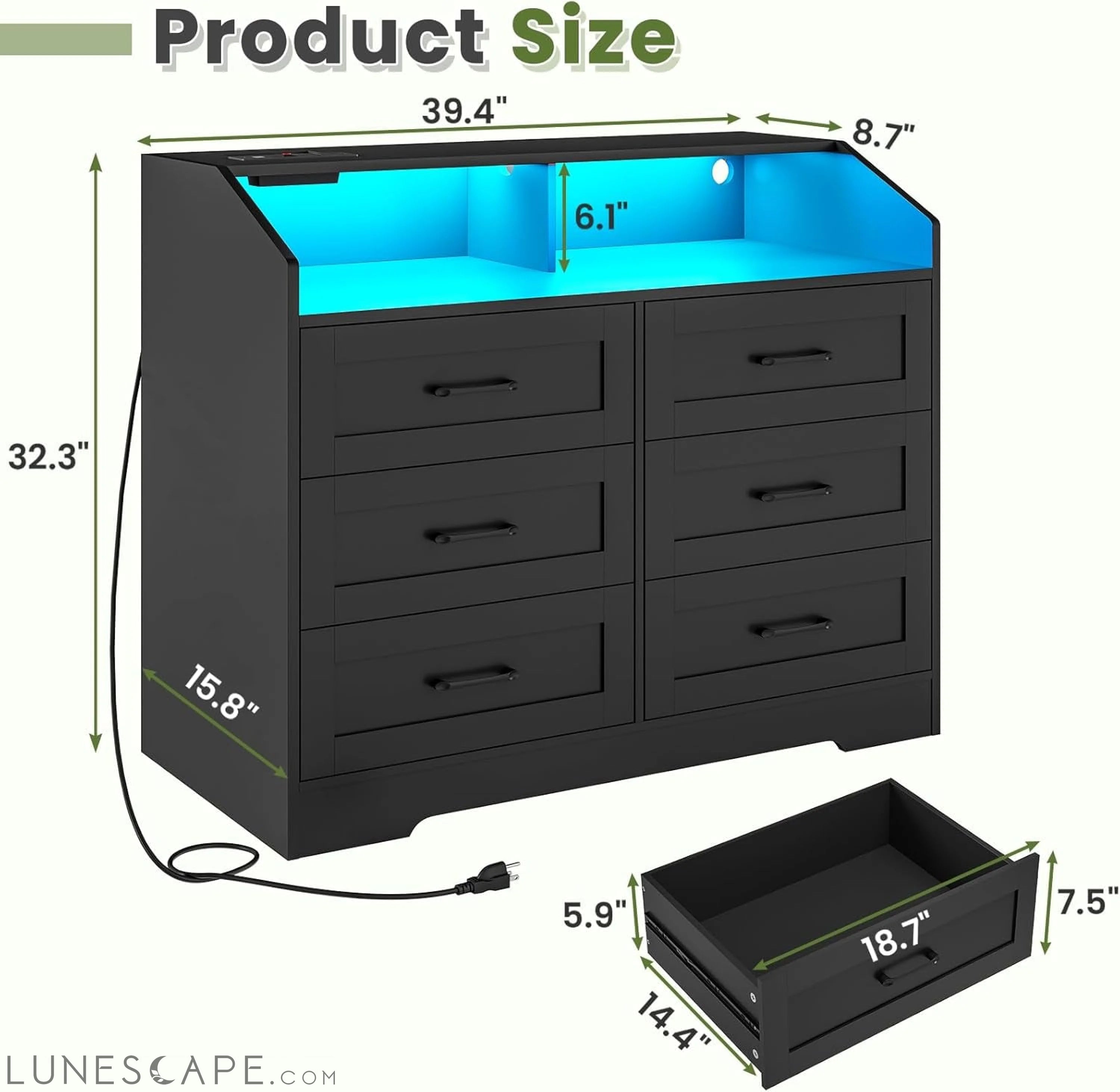 Black Dresser for Bedroom with LED Lights and Charging Station, Modern LUNESCAPE