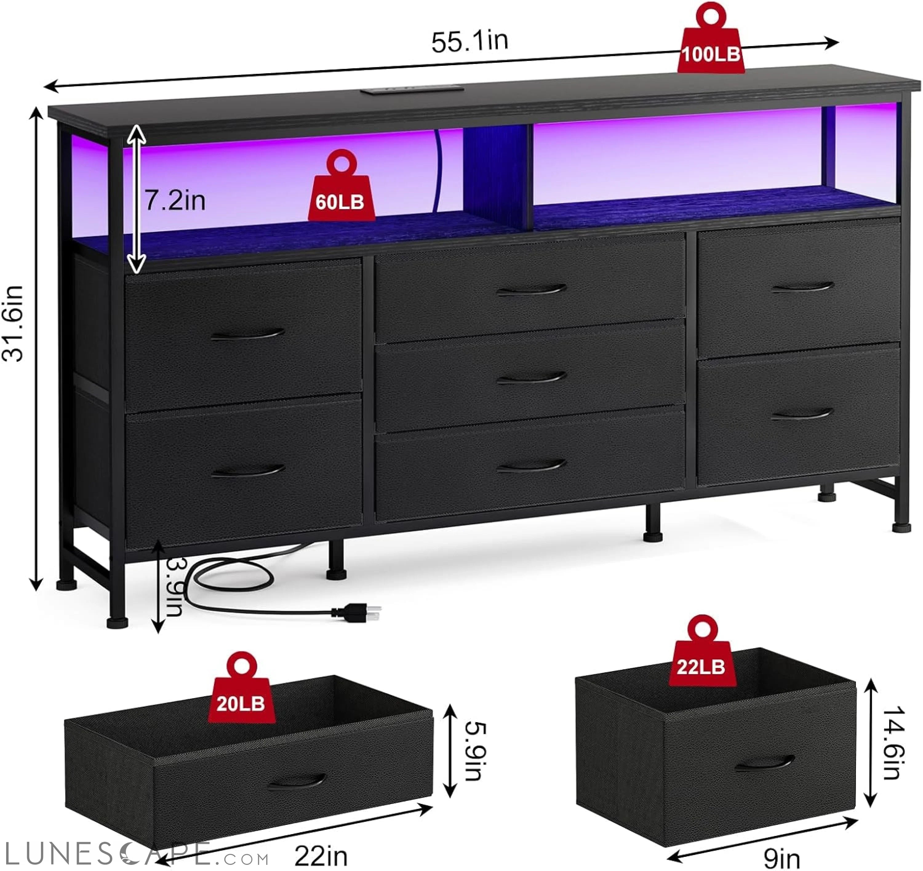 Black Dresser for Bedroom with Power Outlets and LED Lights, 55 Inch LUNESCAPE