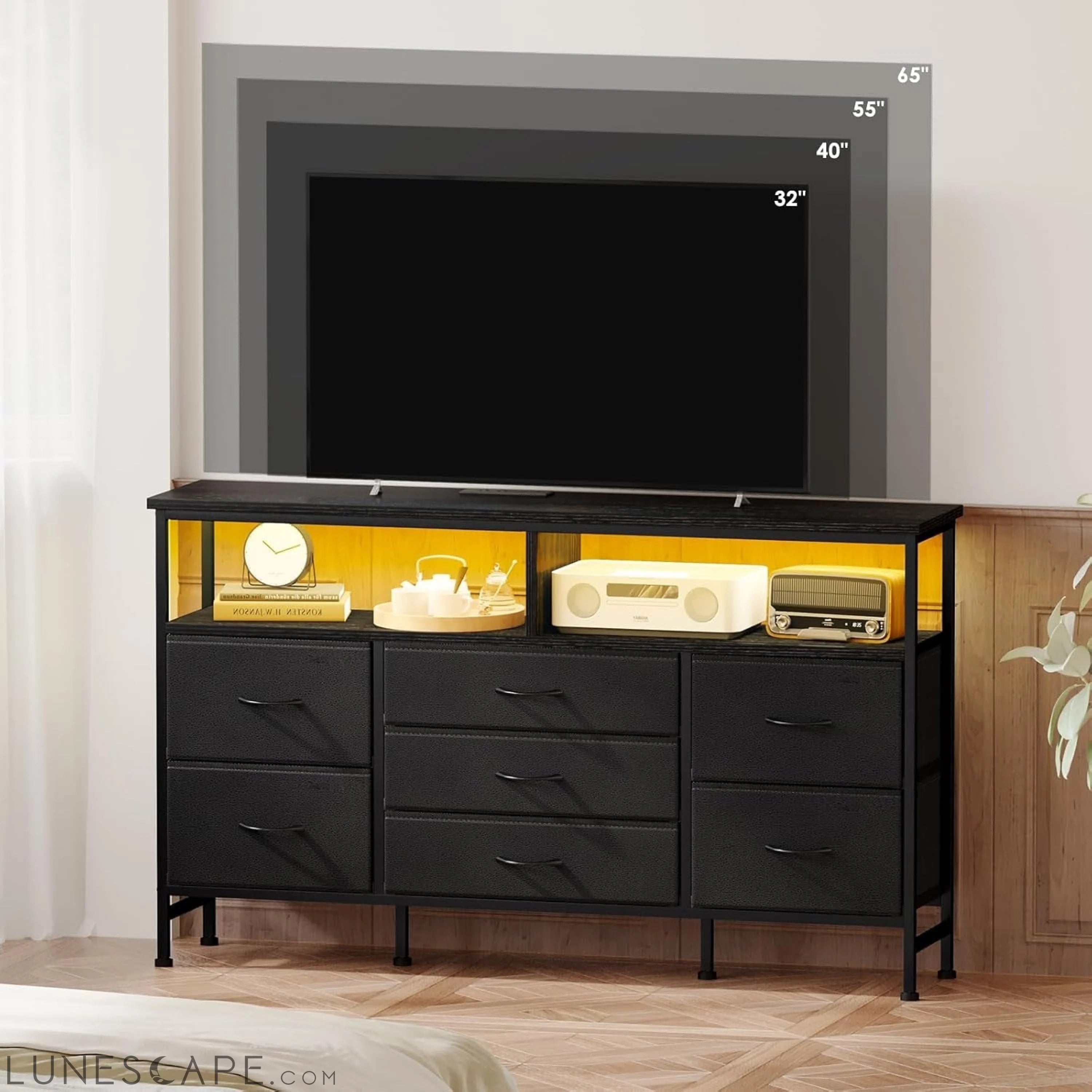 Black Dresser for Bedroom with Power Outlets and LED Lights, 55 Inch LUNESCAPE