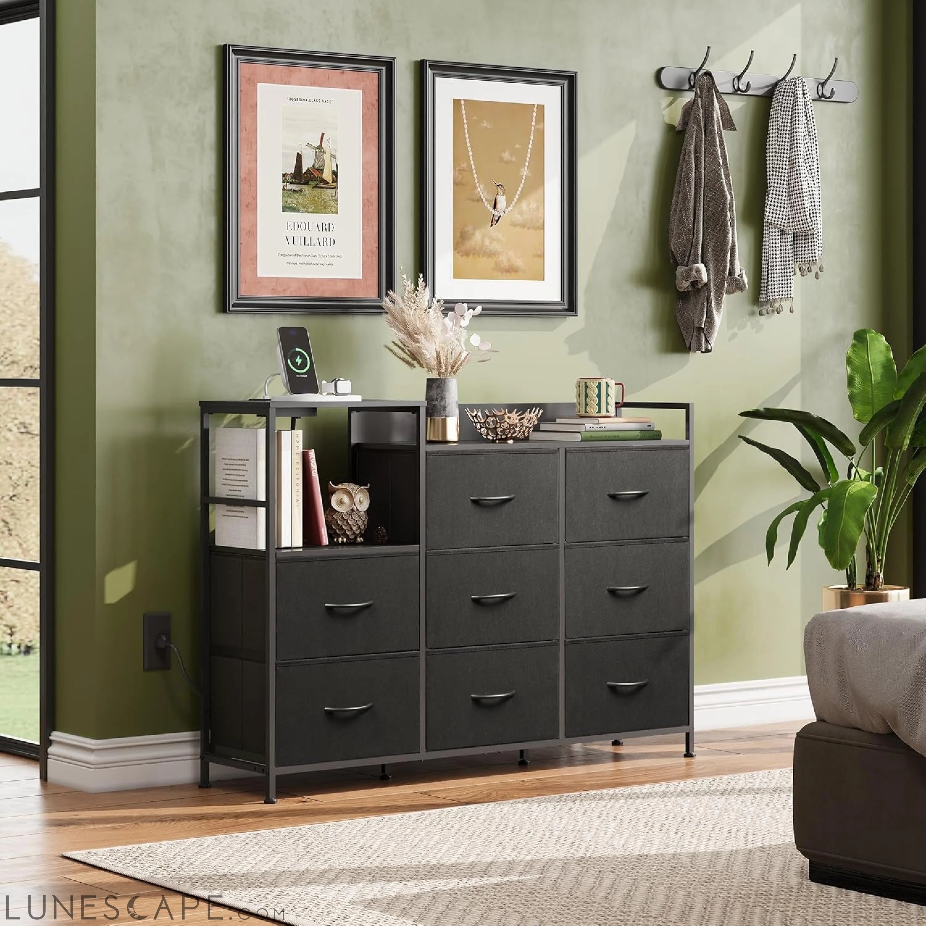 Black Dresser TV Stand for Bedroom with Charging Station and Open LUNESCAPE