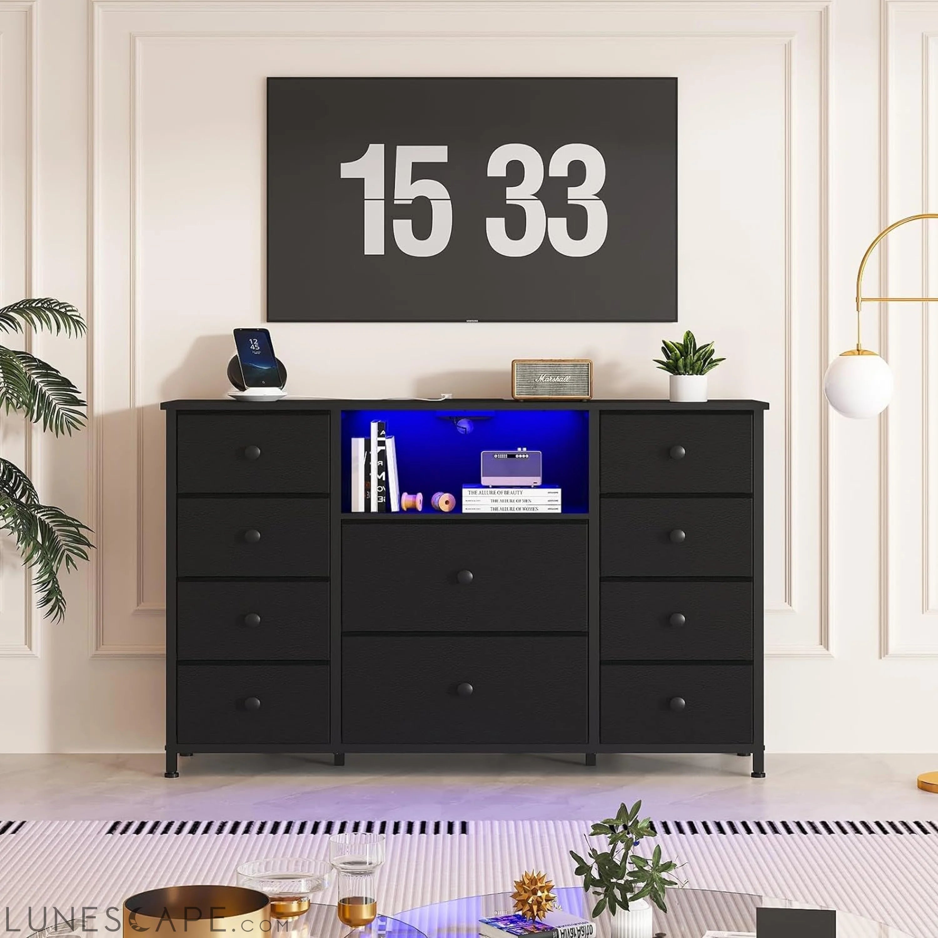 Black Dresser with Charging Station and LED Lights LUNESCAPE