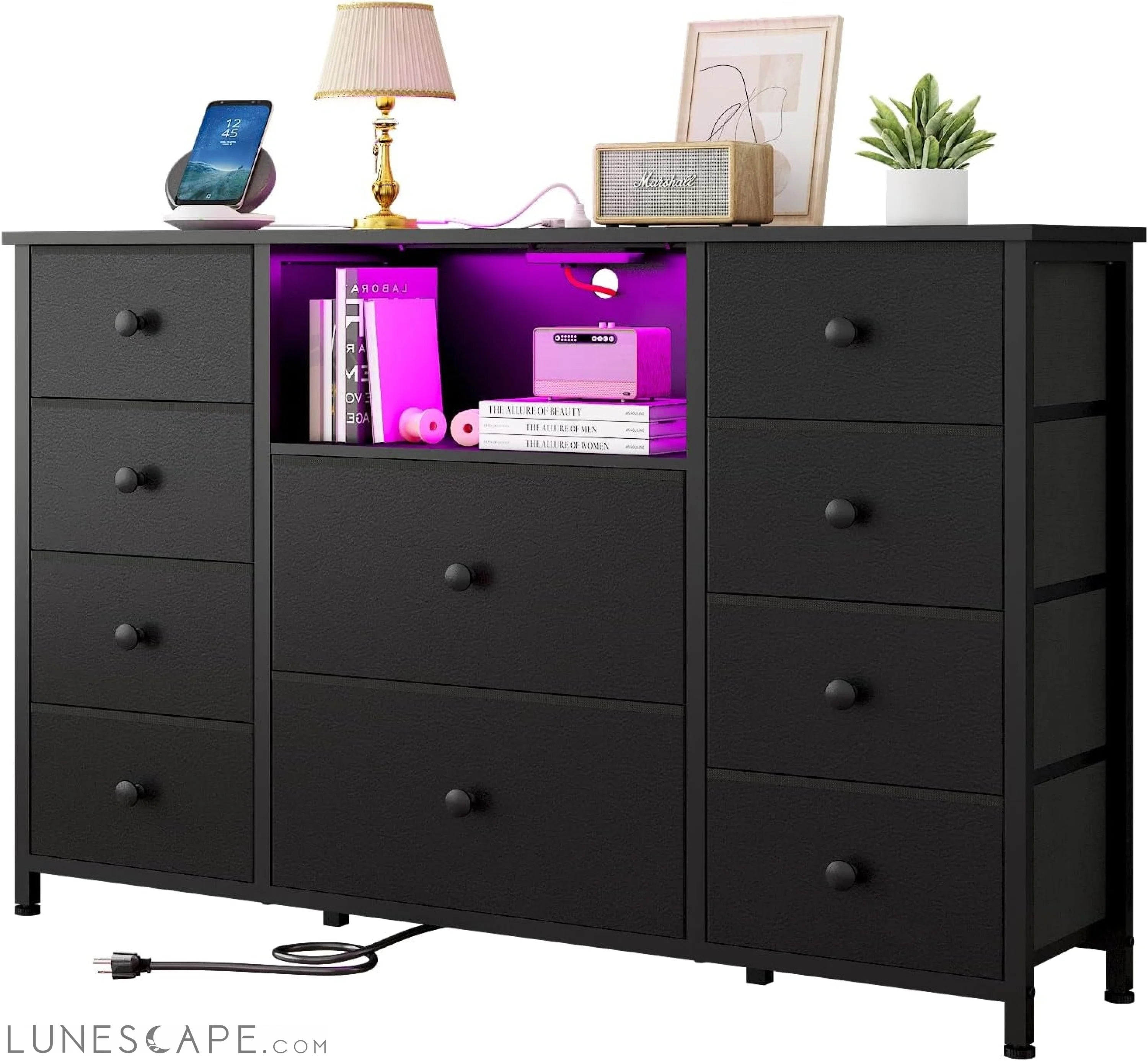 Black Dresser with Charging Station and LED Lights LUNESCAPE