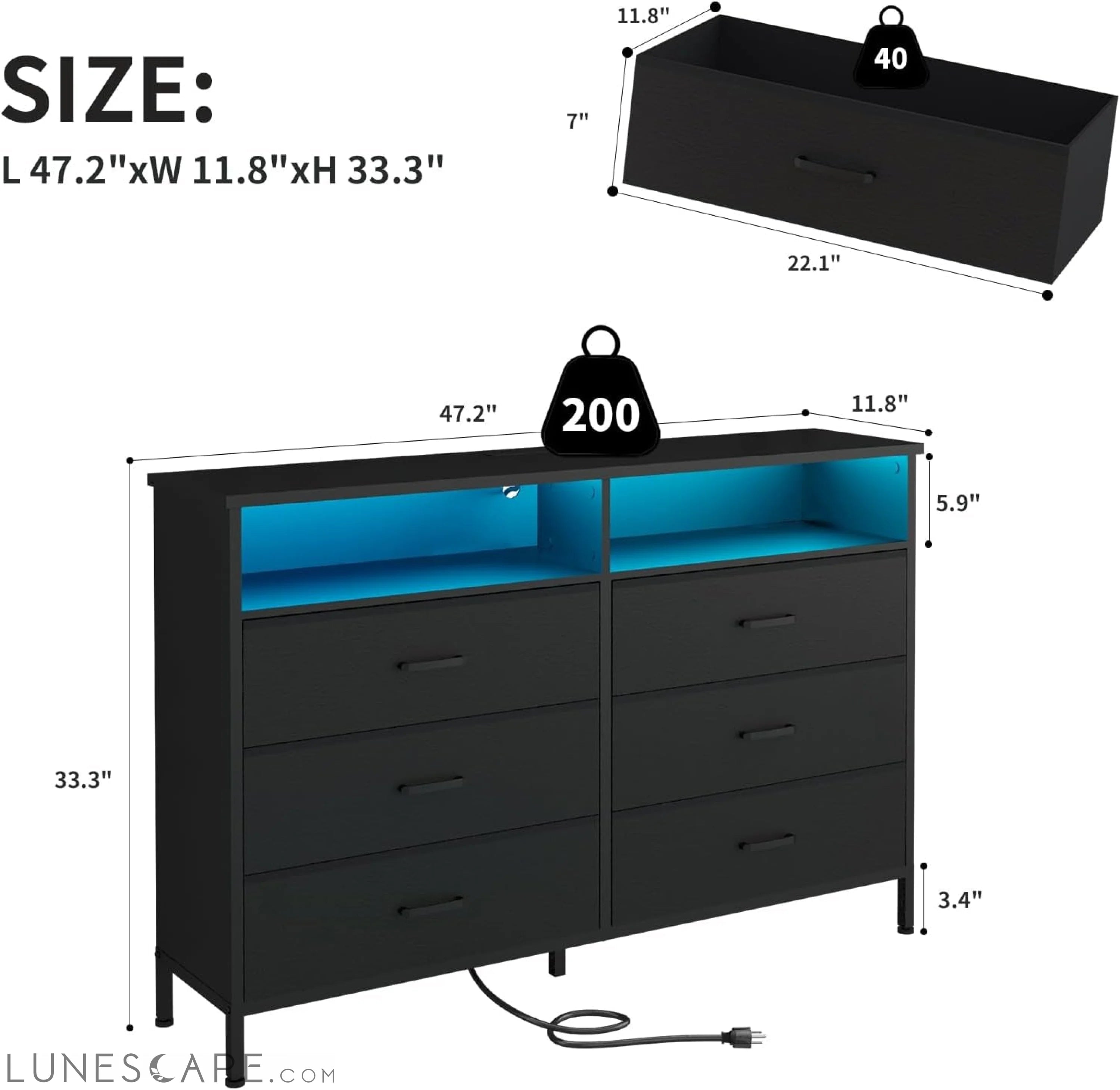 Black Dresser with LED Lights for Bedroom LUNESCAPE