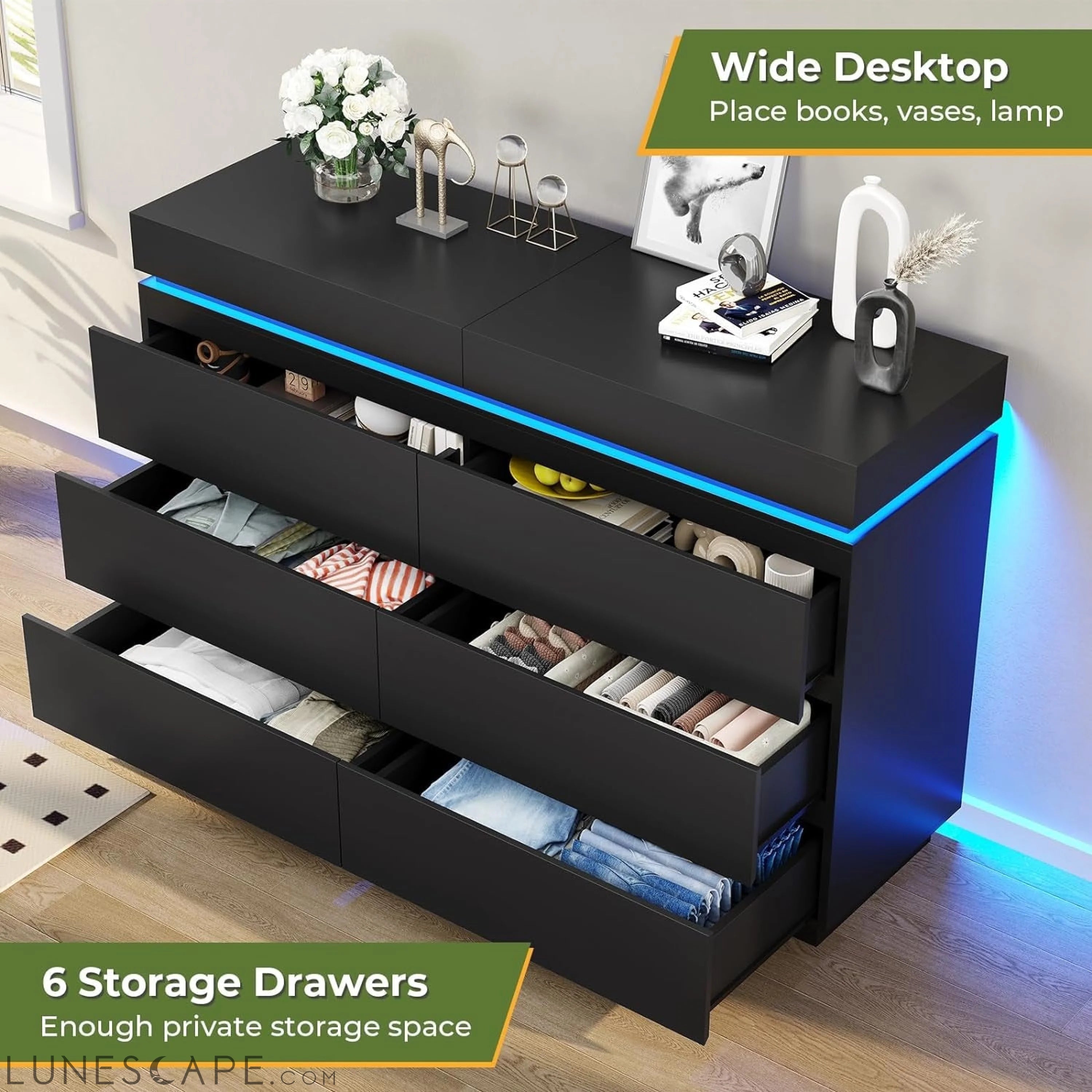 Black Dresser with Sliding Top & Charging LUNESCAPE