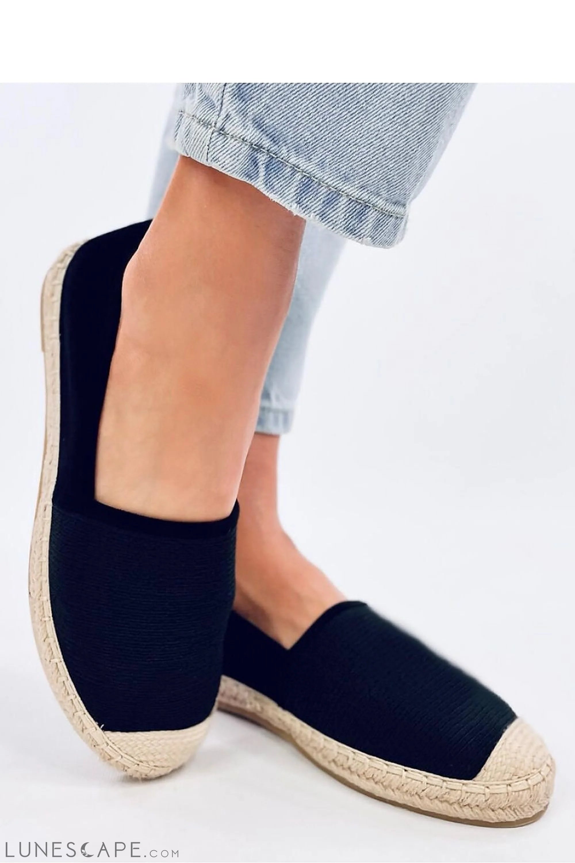 Black Eco-Canvas Espadrilles with Braided Jute Sole and Contrast Cap Toe LUNESCAPE