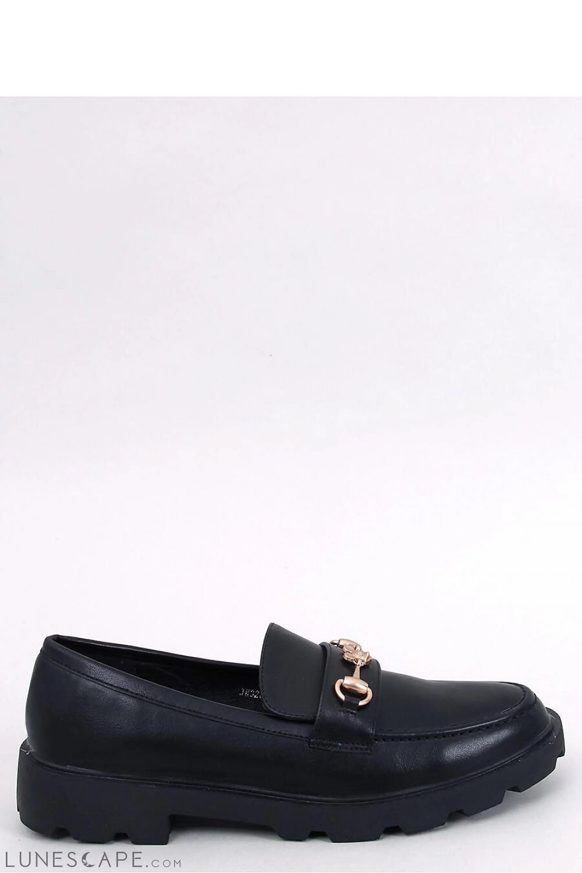 Black Eco-Leather Loafers for Women – Gold Bit Slip-On Shoes with Lug Sole LUNESCAPE