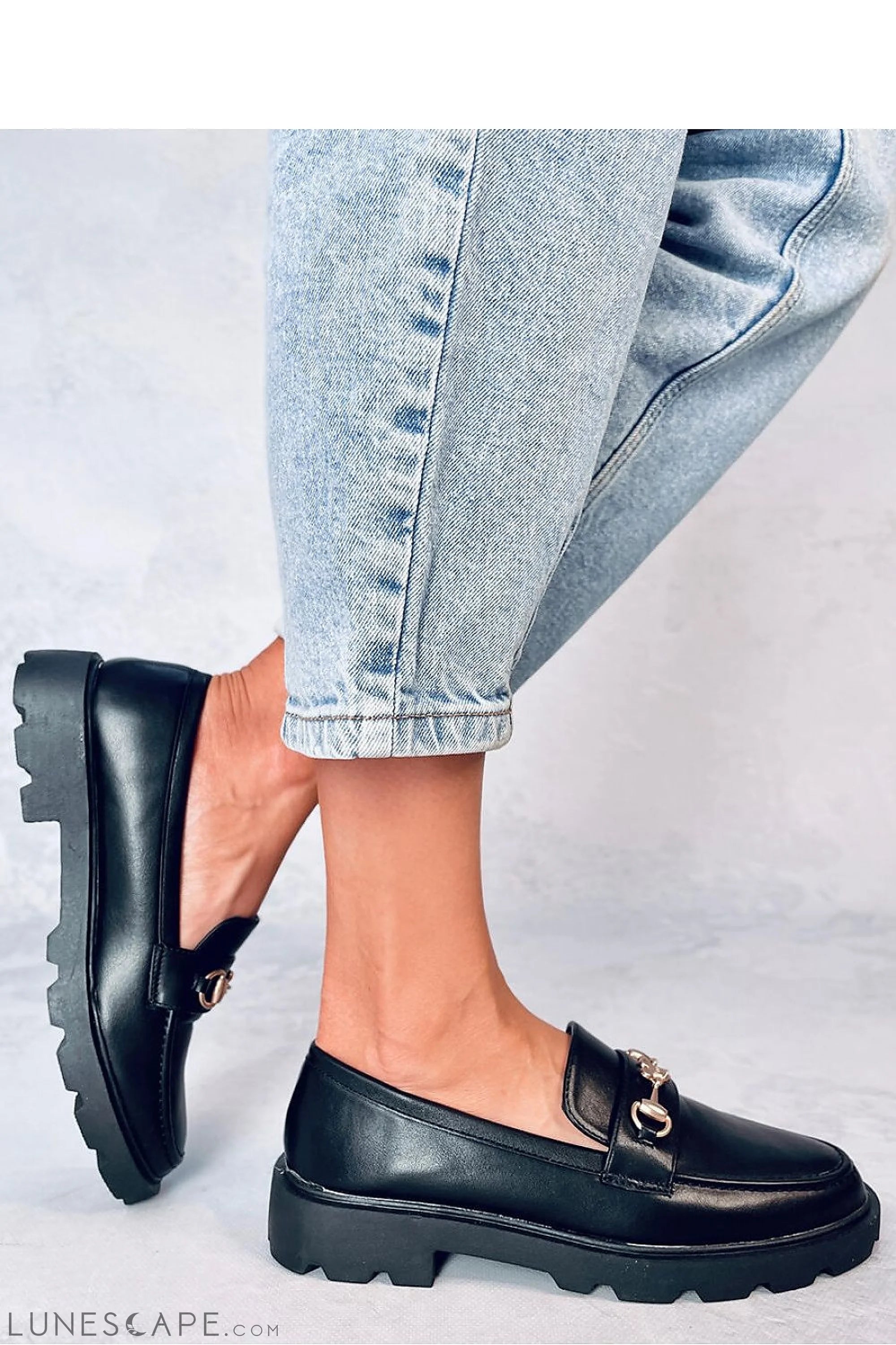 Black Eco-Leather Loafers for Women – Gold Bit Slip-On Shoes with Lug Sole LUNESCAPE