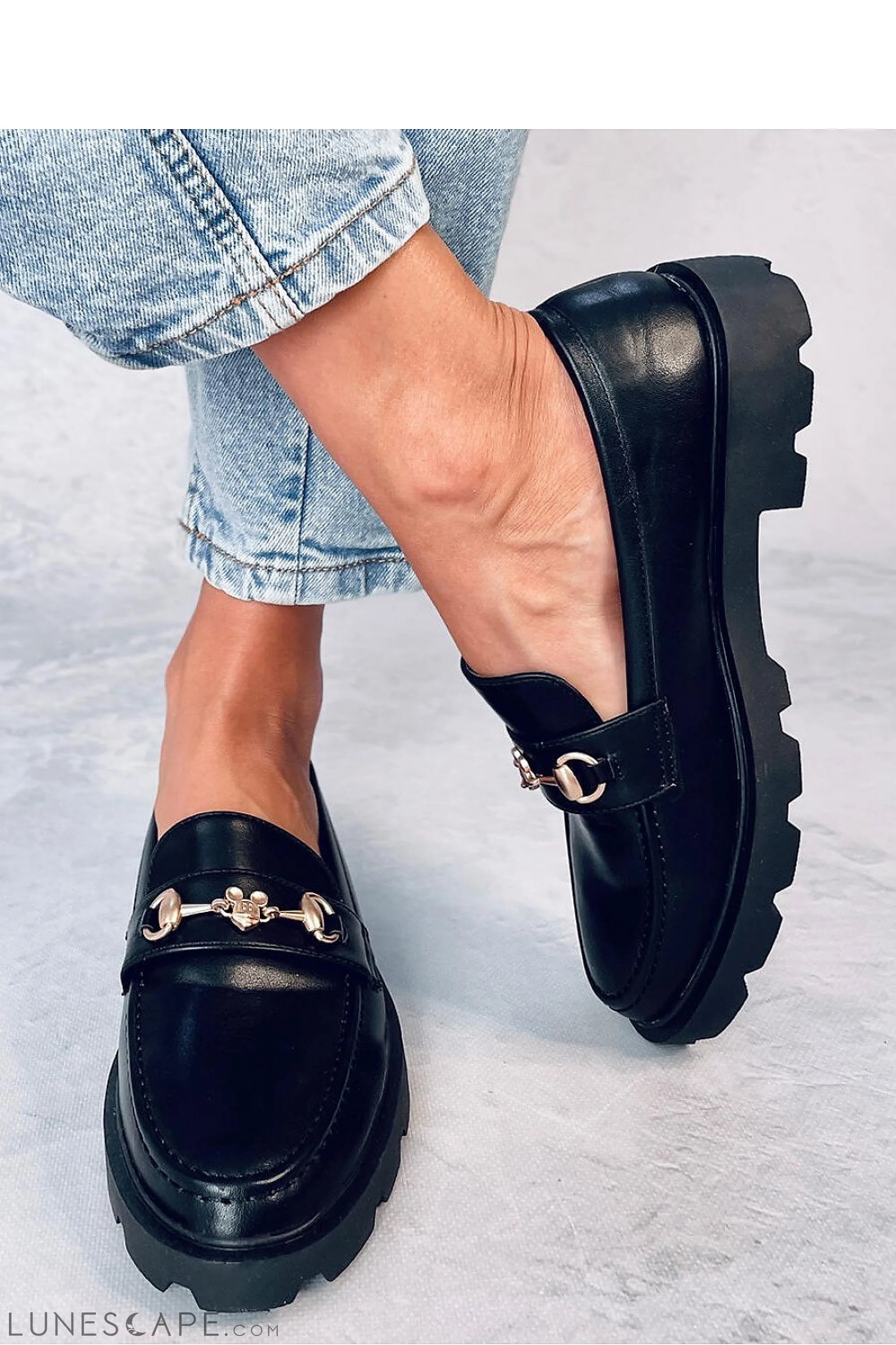 Black Eco-Leather Loafers for Women – Gold Bit Slip-On Shoes with Lug Sole LUNESCAPE