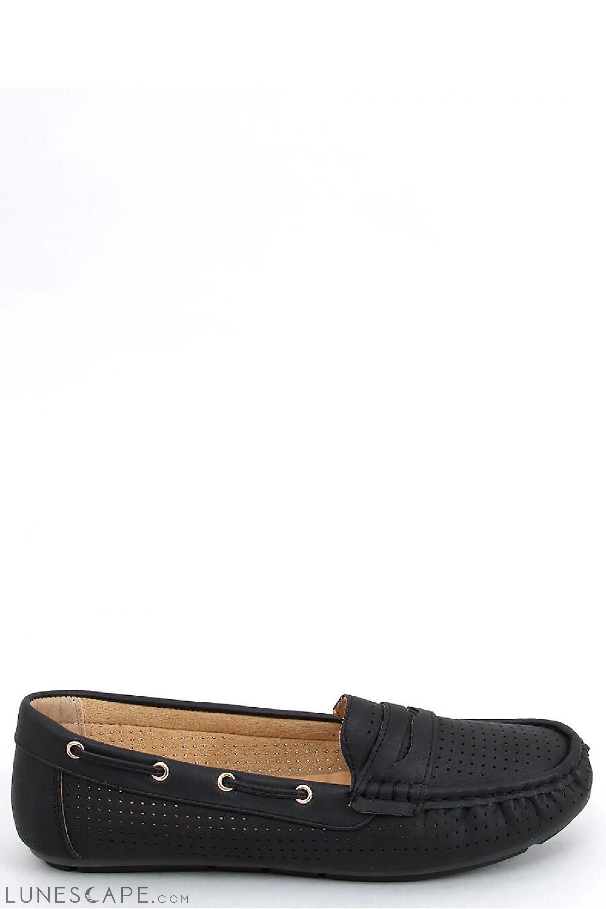 Black Eco-Leather Women’s Loafers with Perforated Detailing and Penny Slot LUNESCAPE