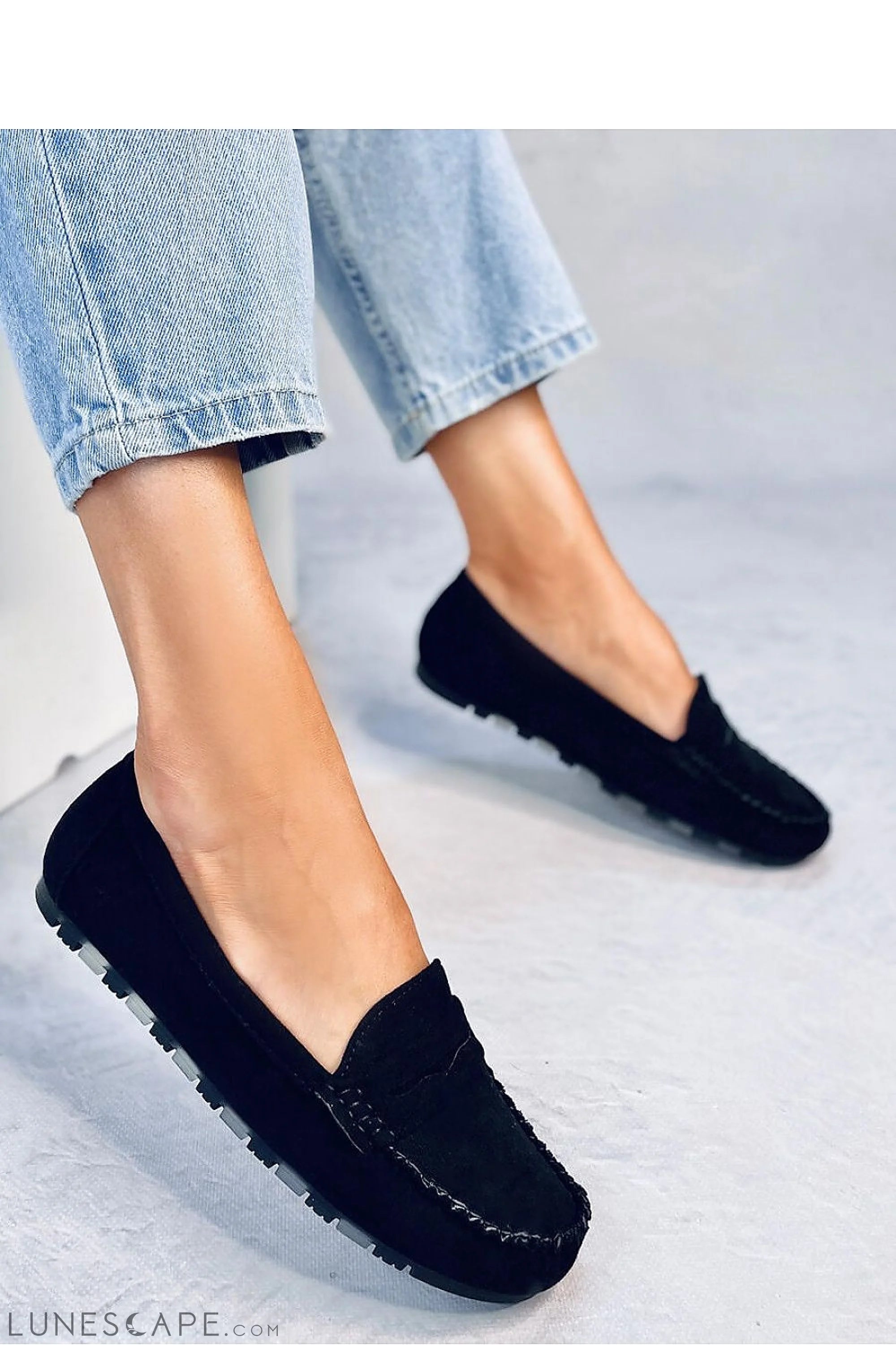 Black Eco-Suede Driving Loafers Women's – Round Toe with Moc Stitch Detail LUNESCAPE