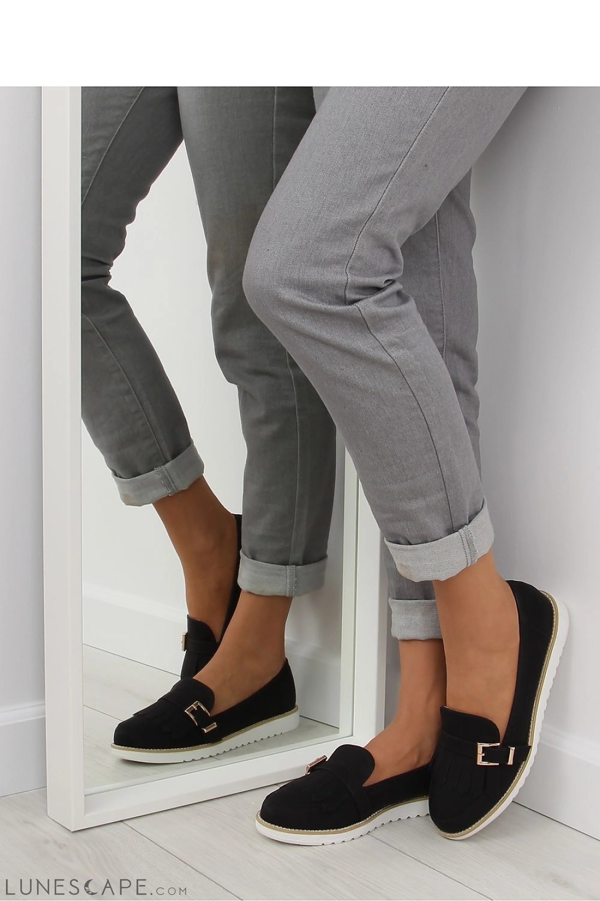 Black Eco-Suede Loafers for Women – Almond Toe with Buckle Fringe Detail LUNESCAPE