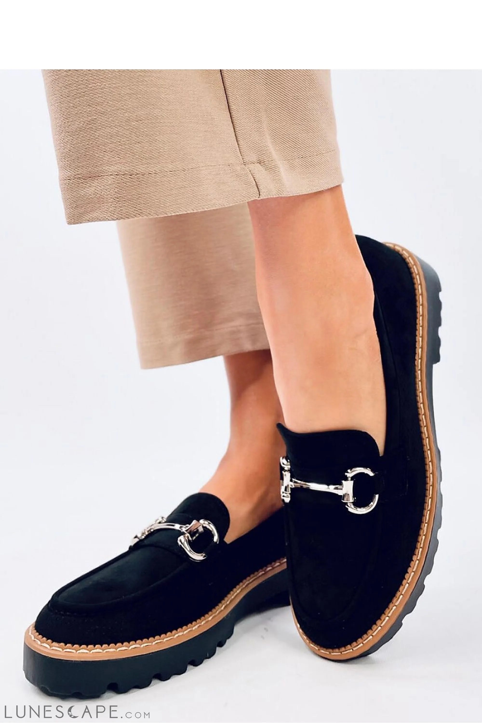 Black Eco-Suede Loafers for Women – Silver Bit & Contrast Welt Stitch LUNESCAPE