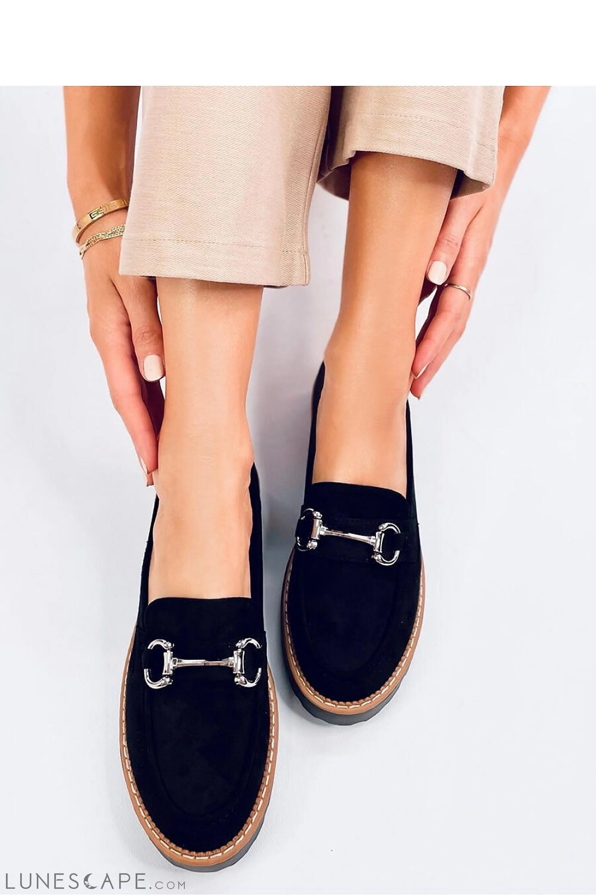 Black Eco-Suede Loafers for Women – Silver Bit & Contrast Welt Stitch LUNESCAPE