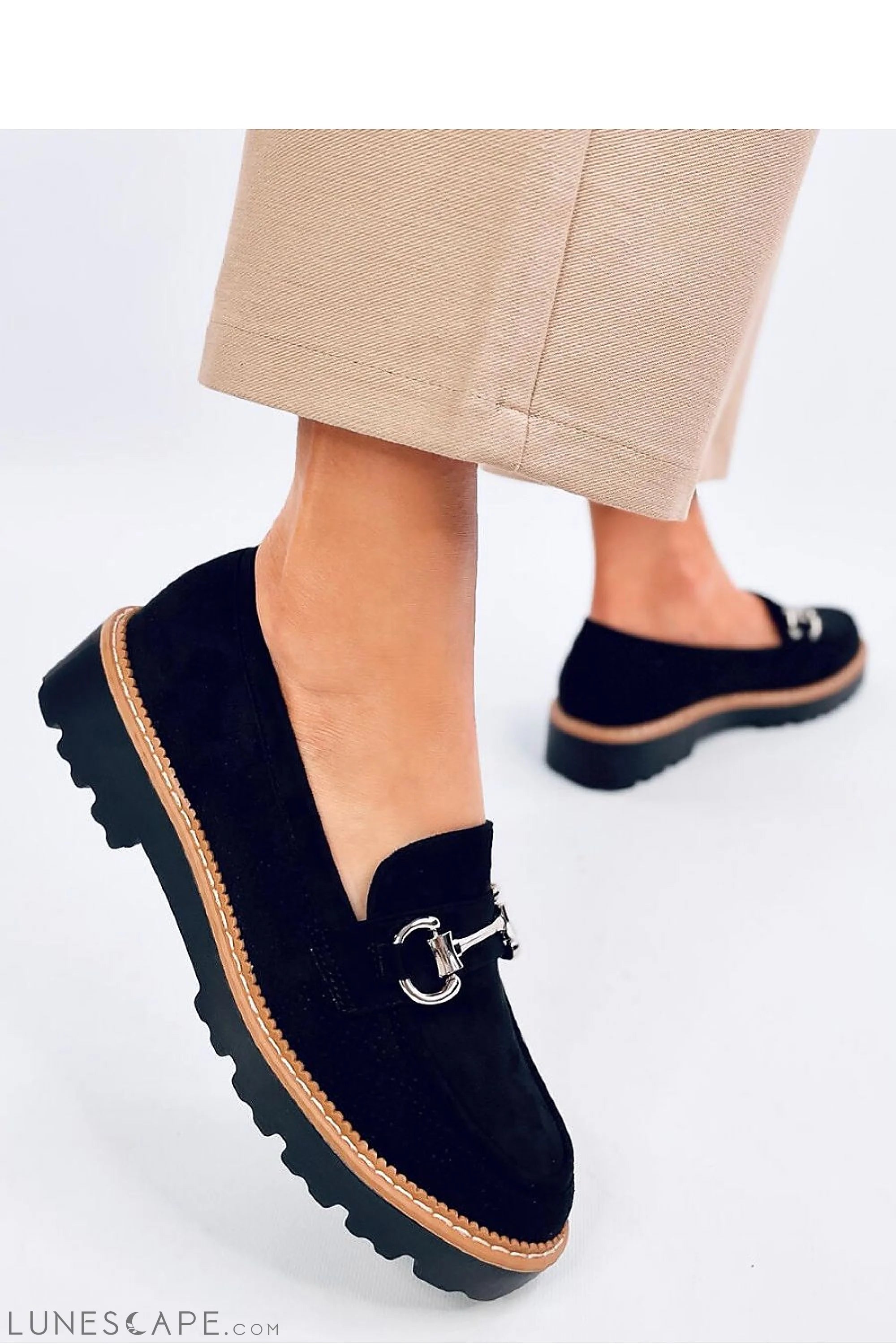 Black Eco-Suede Loafers for Women – Silver Bit & Contrast Welt Stitch LUNESCAPE