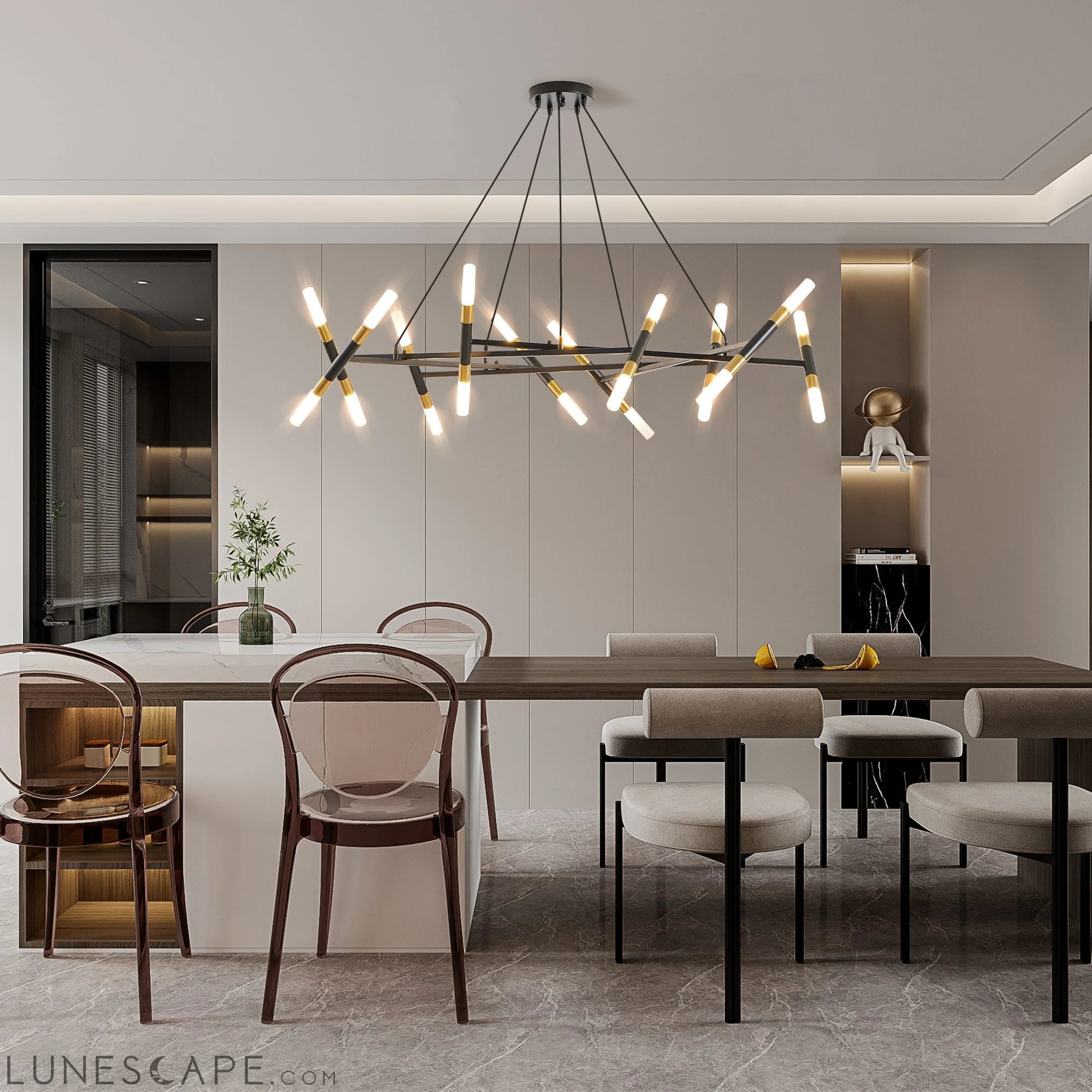 Black & Golden Modern Chandelier Light Fixture, Branch Design with LUNESCAPE