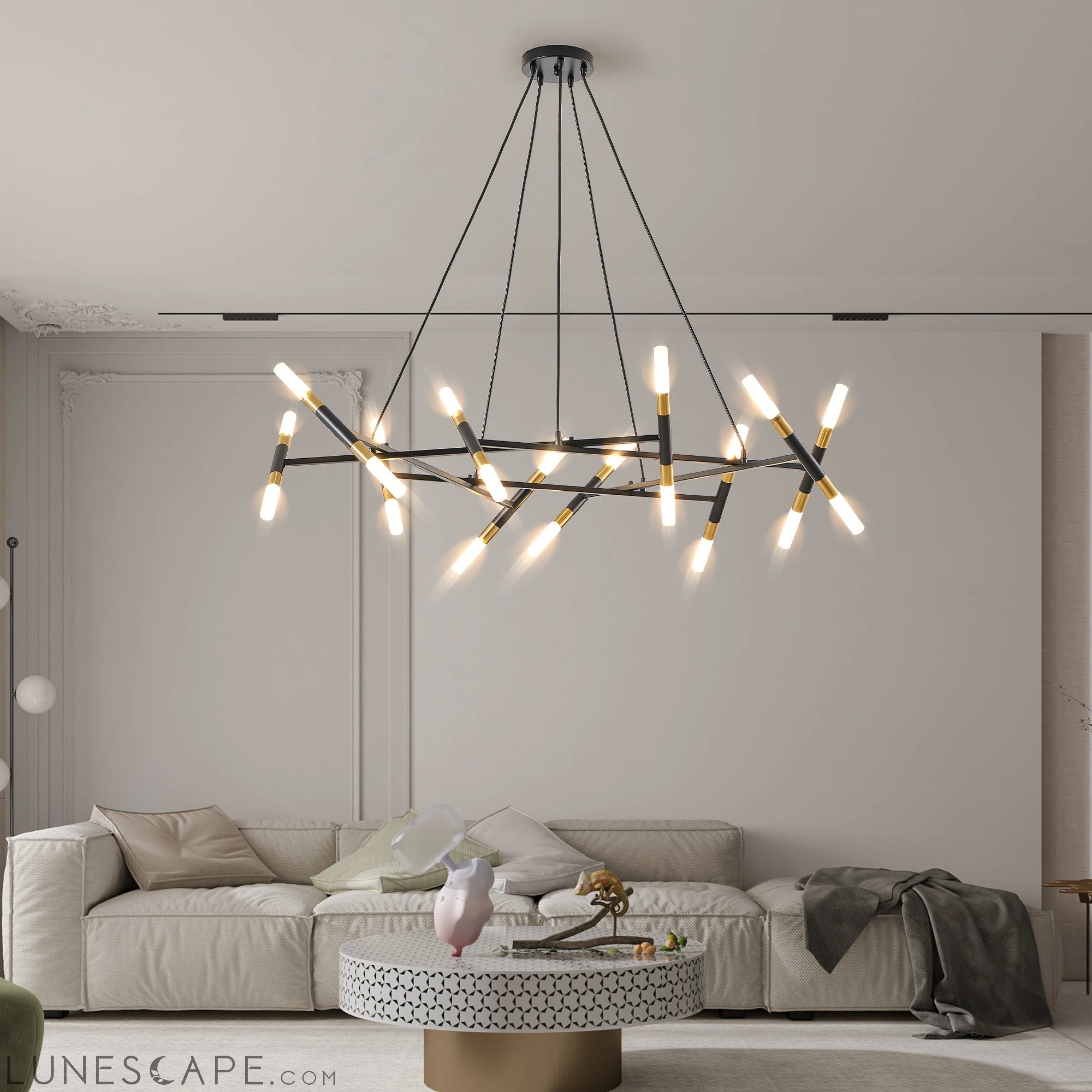 Black & Golden Modern Chandelier Light Fixture, Branch Design with LUNESCAPE