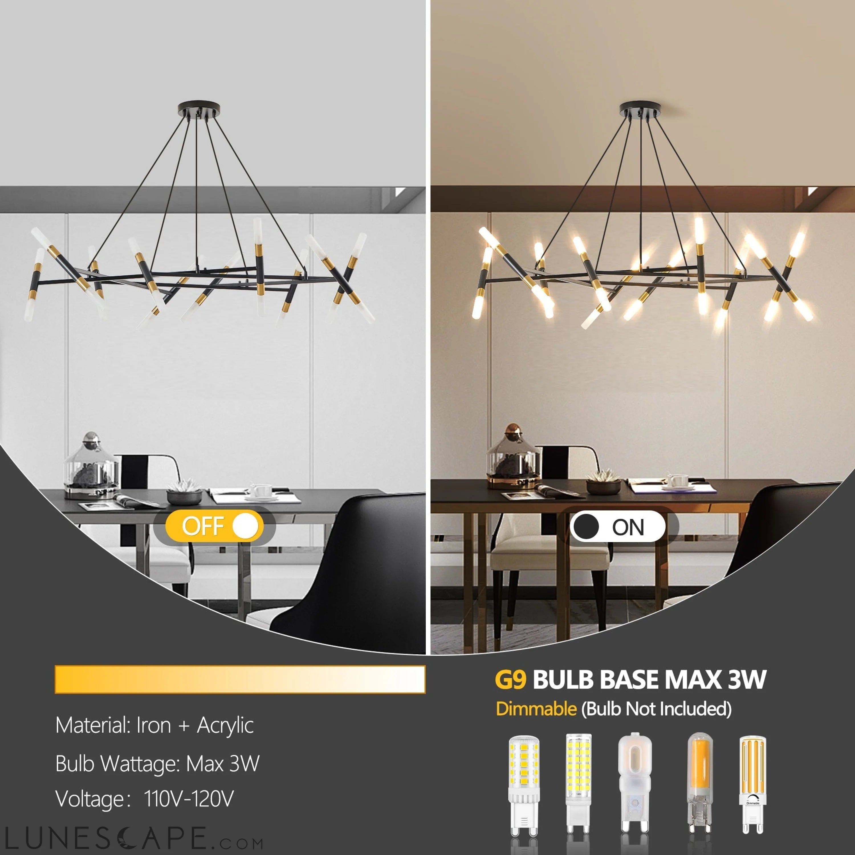 Black & Golden Modern Chandelier Light Fixture, Branch Design with LUNESCAPE