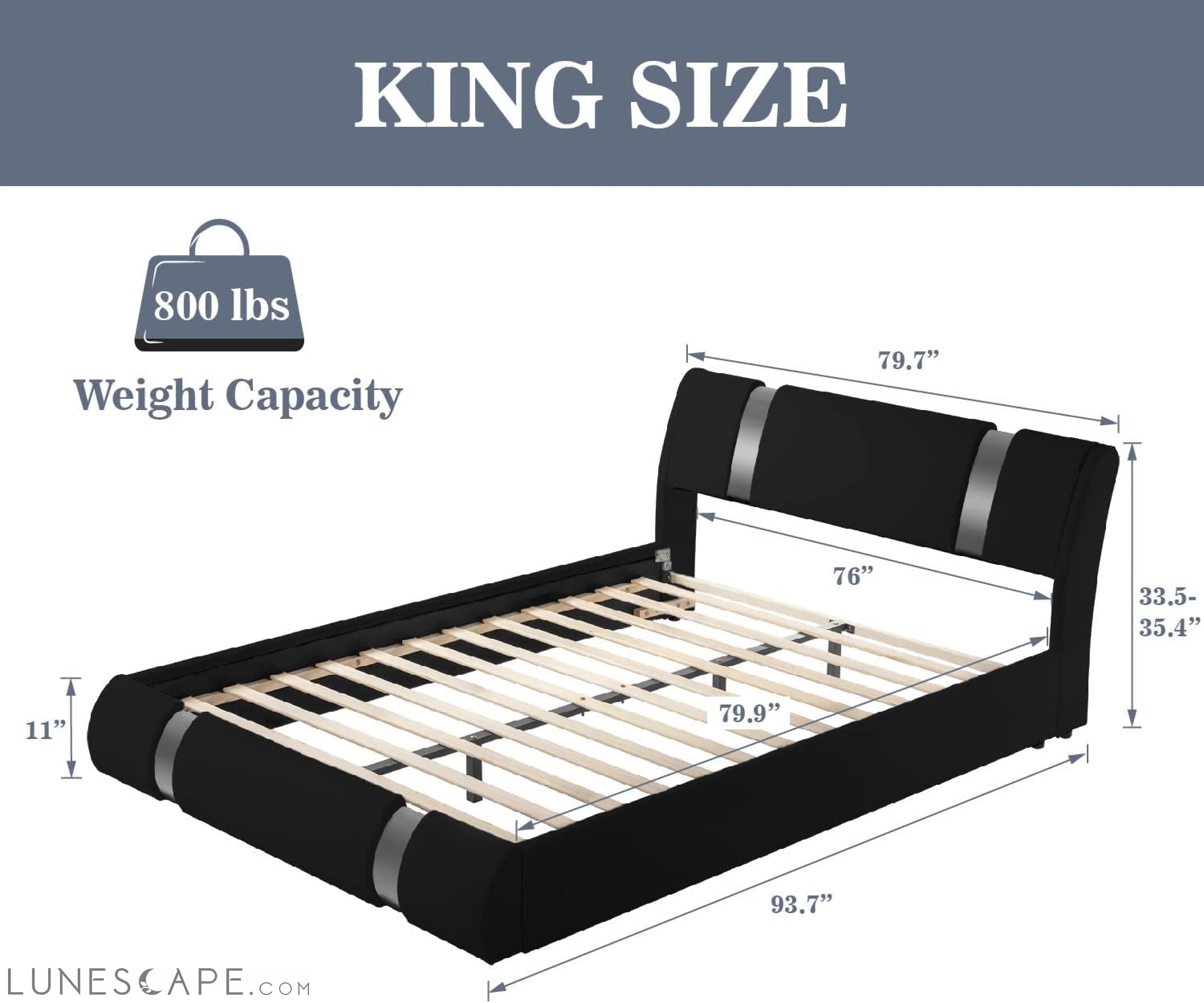 Black King Faux Leather Upholstered Platform Bed Frame W/ Iron Piece LUNESCAPE