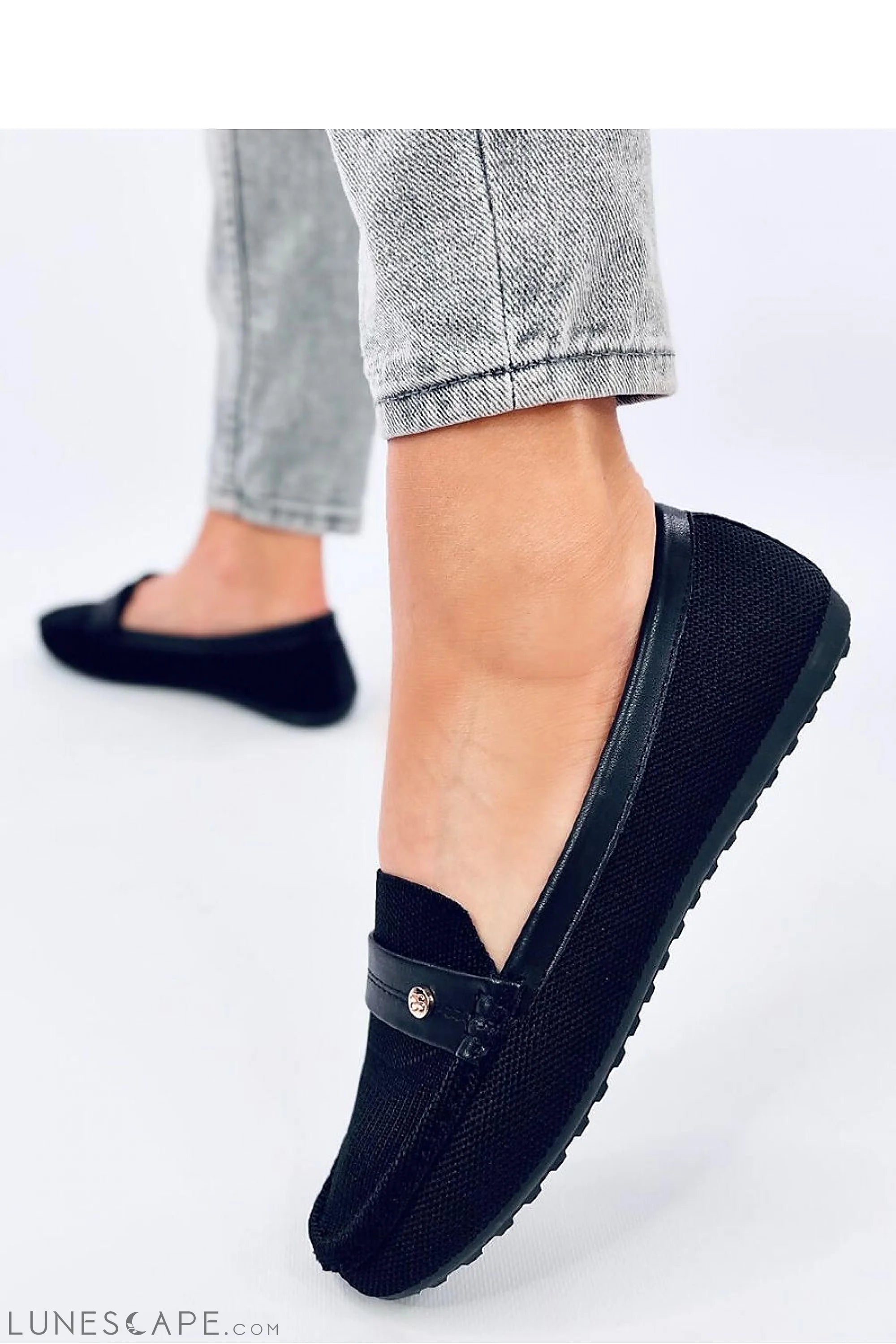 Black Knit Women's Loafers – Round Toe with Vegan Leather Strap & Gold Charm LUNESCAPE