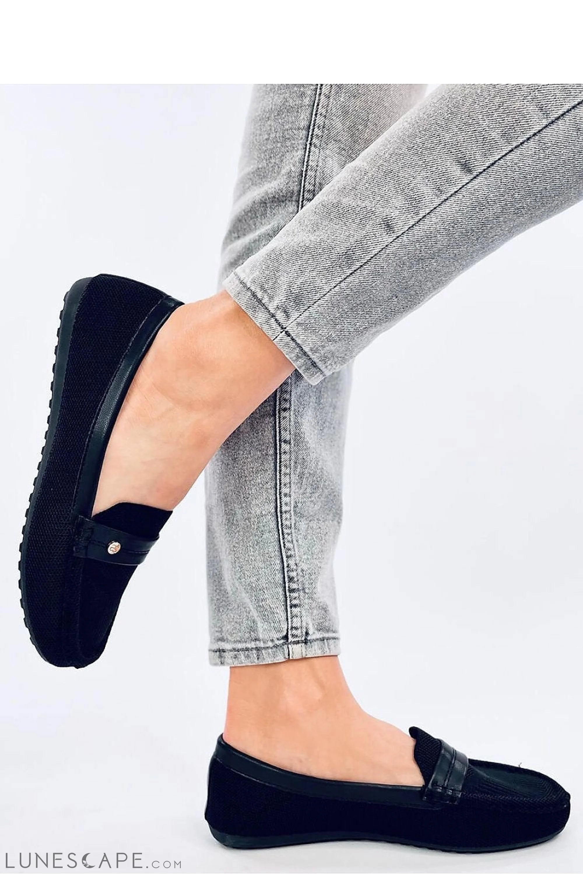 Black Knit Women's Loafers – Round Toe with Vegan Leather Strap & Gold Charm LUNESCAPE