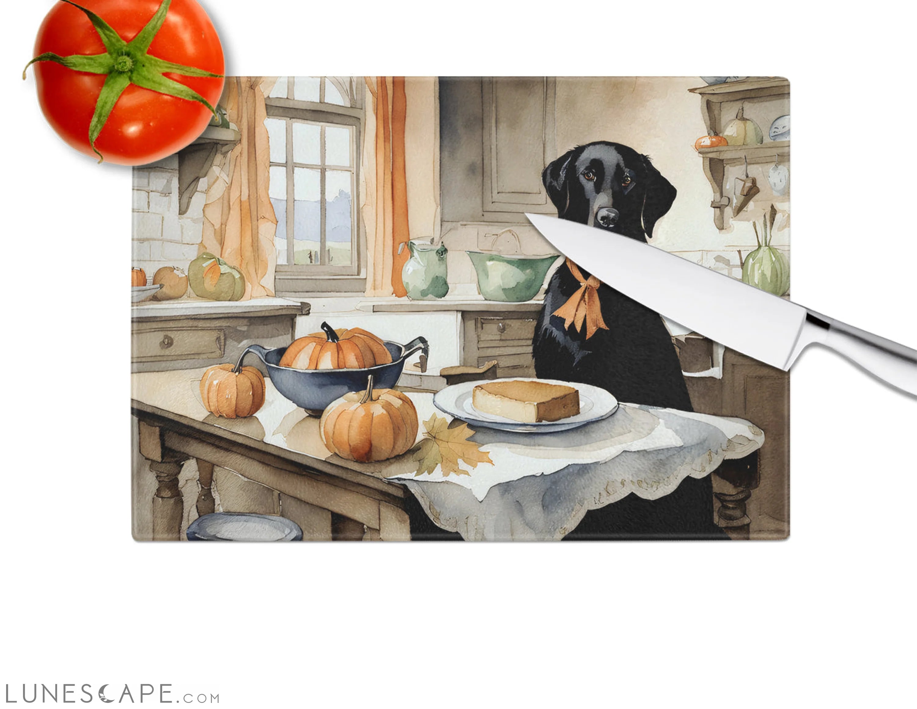 Black Lab Thanksgiving Fall Kitchen Pumpkins Glass Cutting Board LUNESCAPE