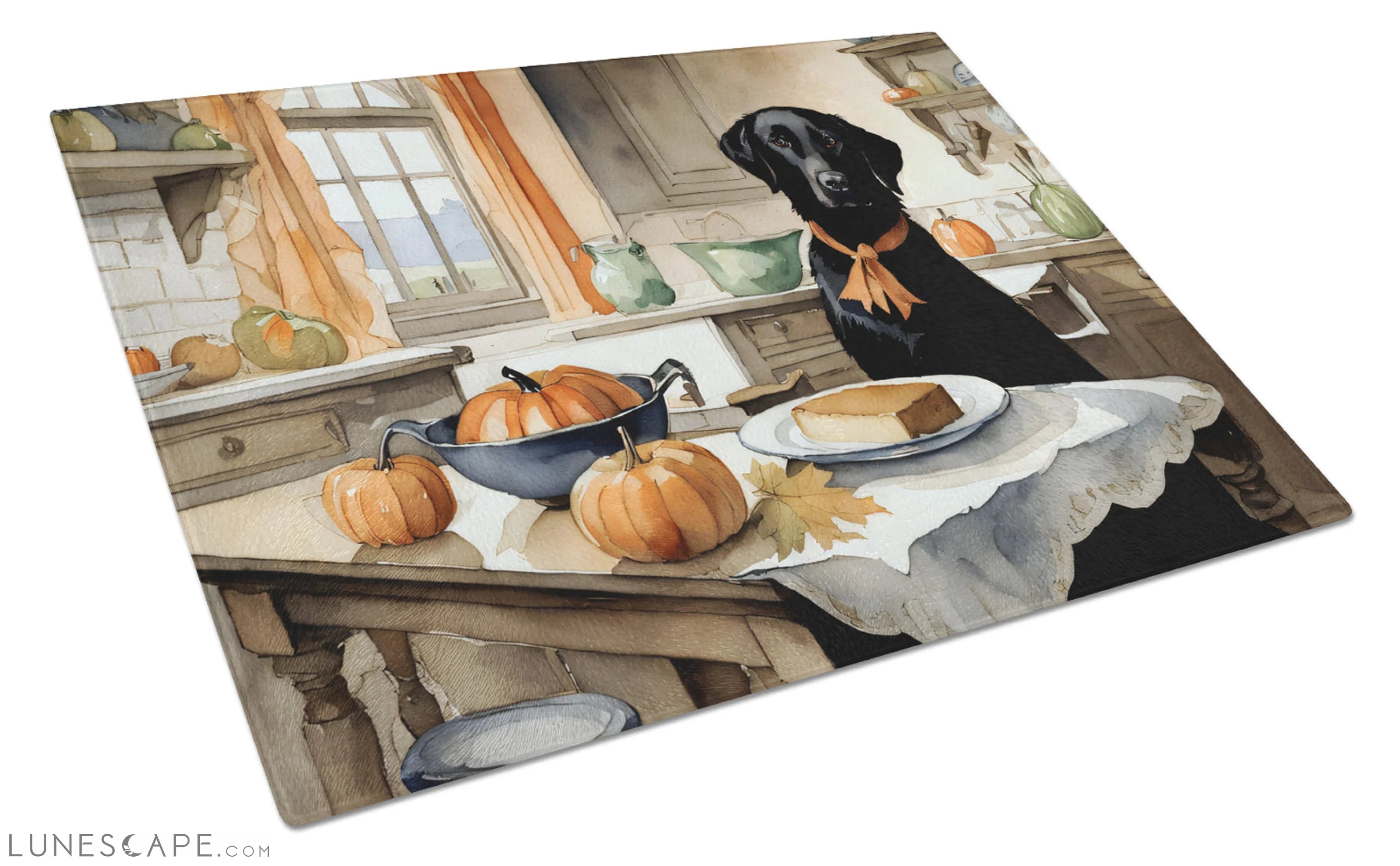 Black Lab Thanksgiving Fall Kitchen Pumpkins Glass Cutting Board LUNESCAPE