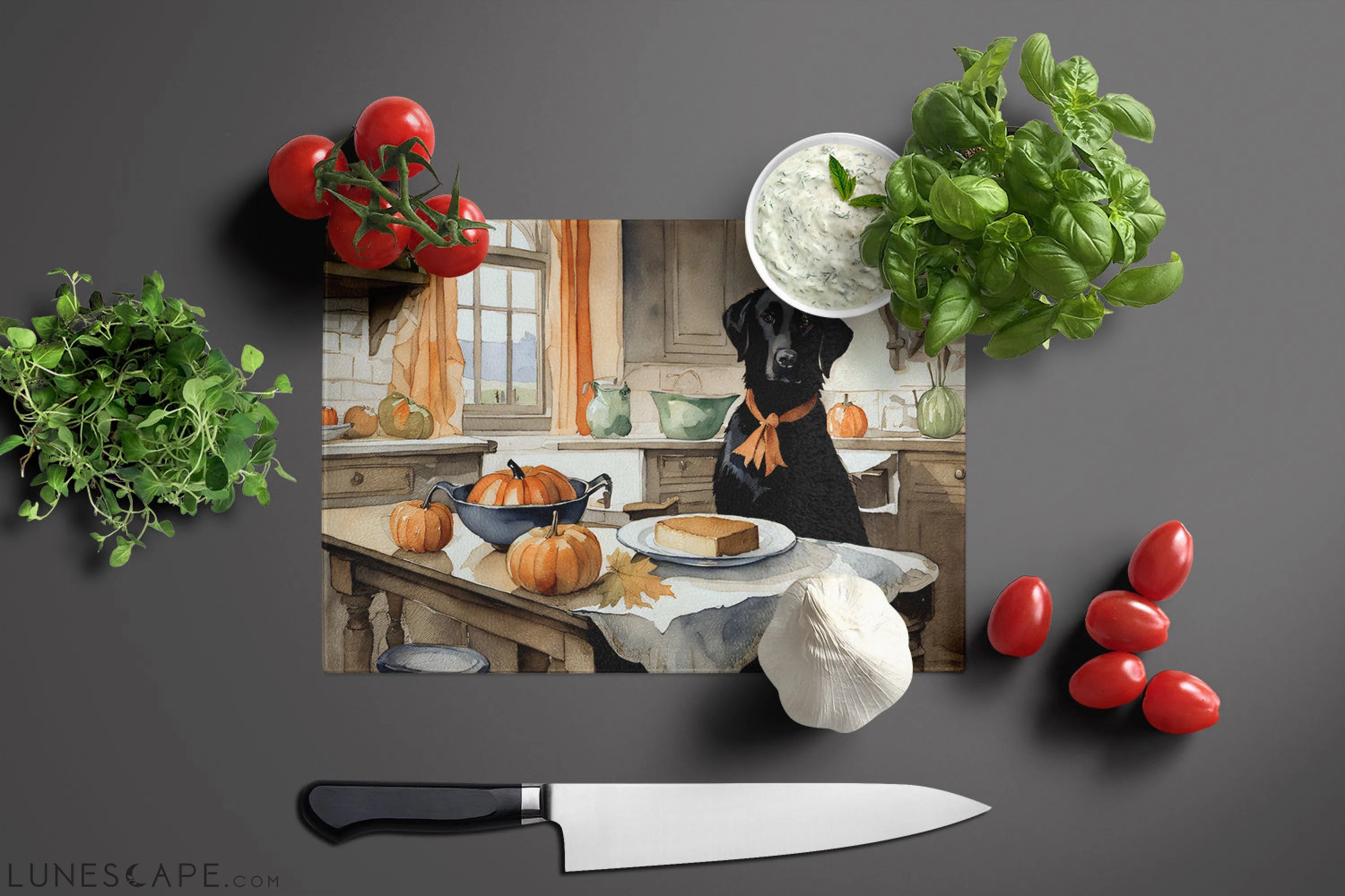 Black Lab Thanksgiving Fall Kitchen Pumpkins Glass Cutting Board LUNESCAPE