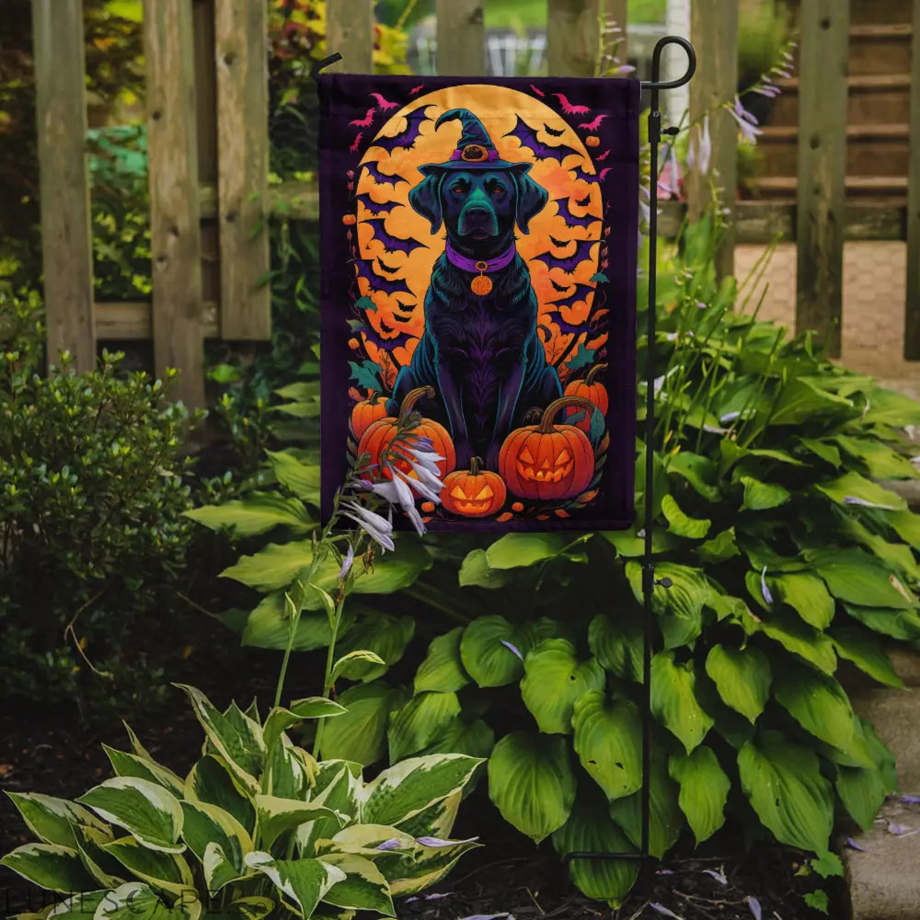 Black Labrador Retriever Witchy Halloween Garden Flag LUNESCAPE
