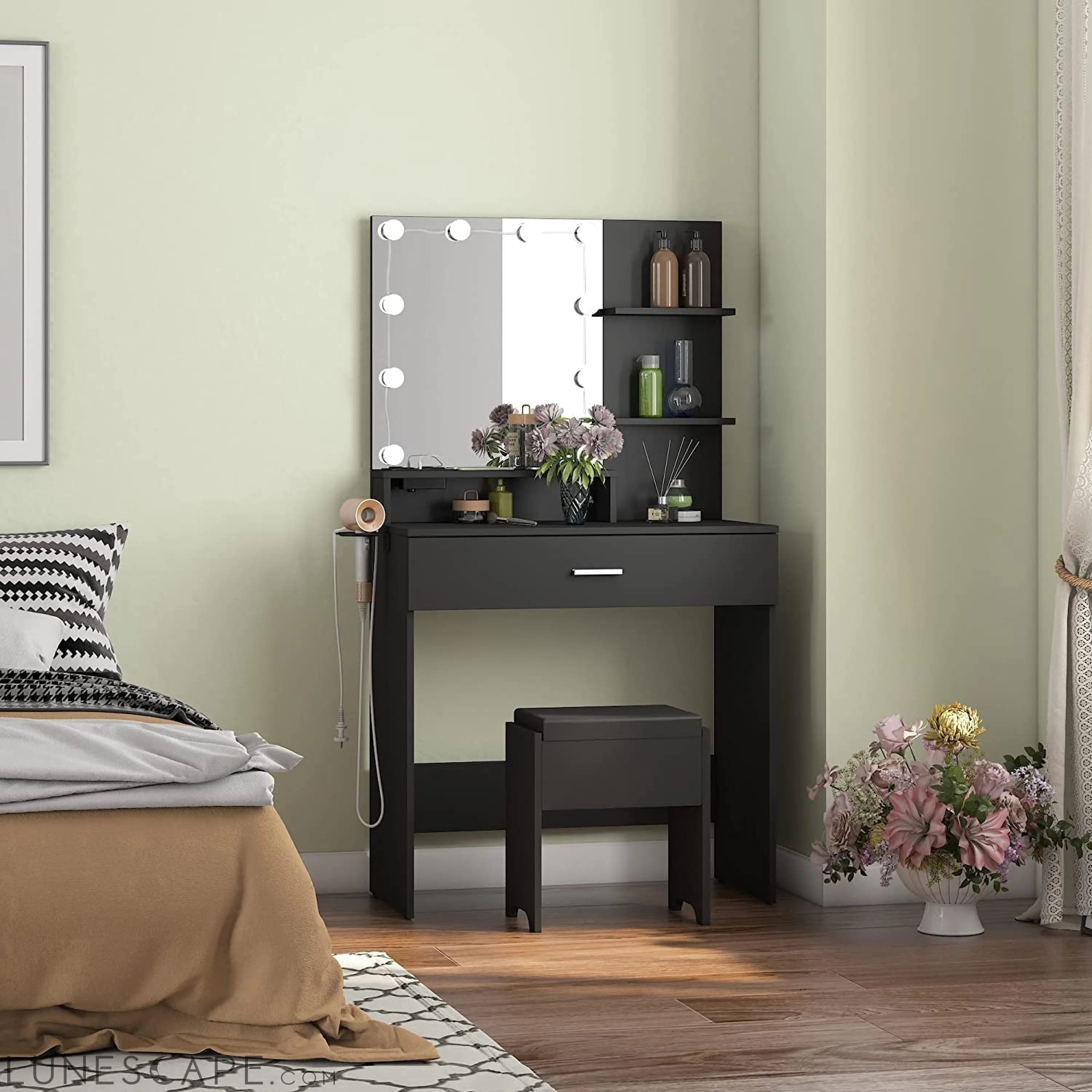 Black Makeup Vanity Table with Lighted Mirror LUNESCAPE