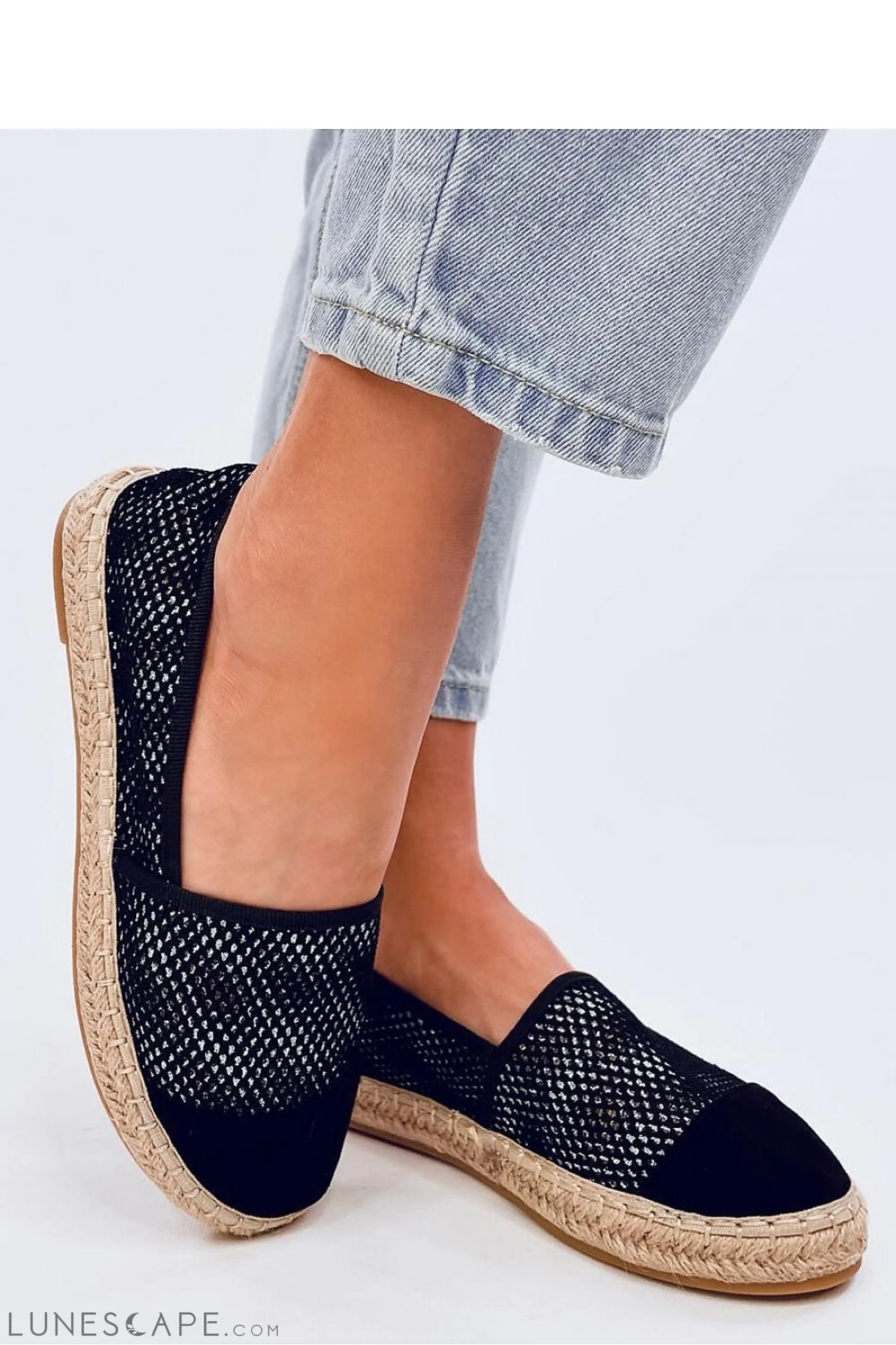 Black Metallic Mesh Espadrilles with Eco-Suede Toe and Braided Jute Sole LUNESCAPE